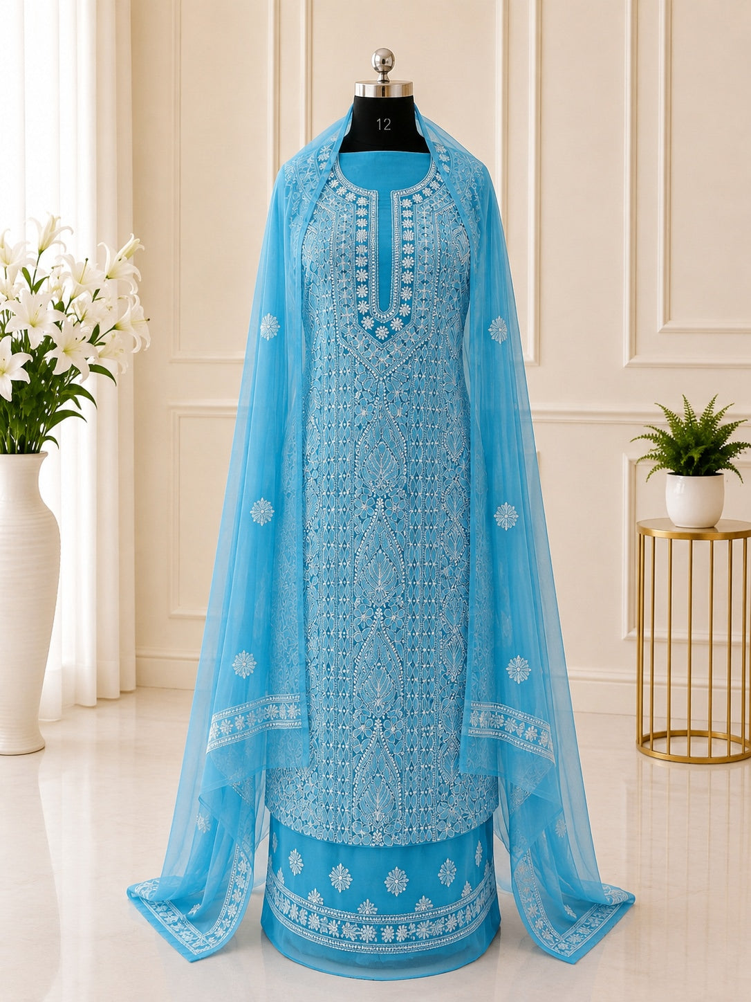Karigiri Turquoise Blue Chikankari Georgette Dress Material