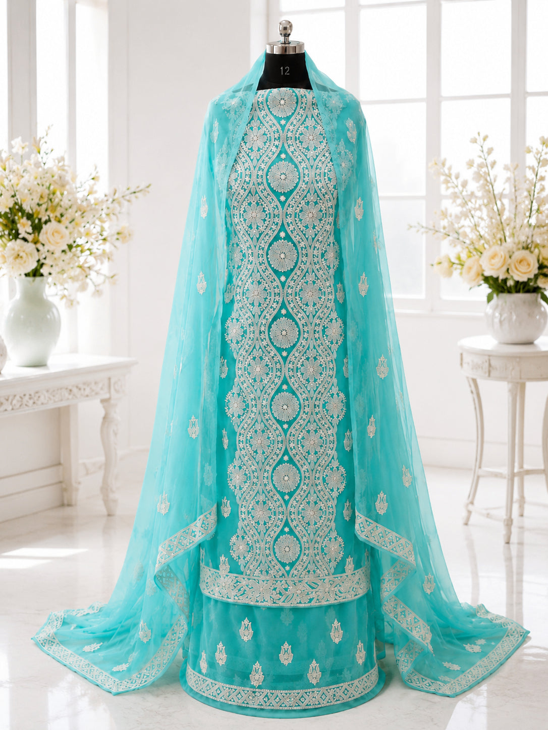Karigiri Turquoise Blue Hand Embroidered Georgette 3-Piece Dress Material_AFG004