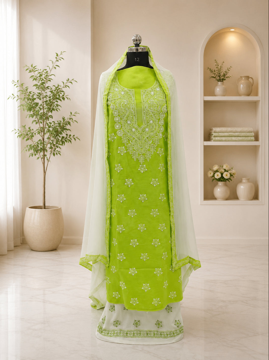 Karigiri Lime Green Hand Embroidered Cotton Dress Material_AFC008