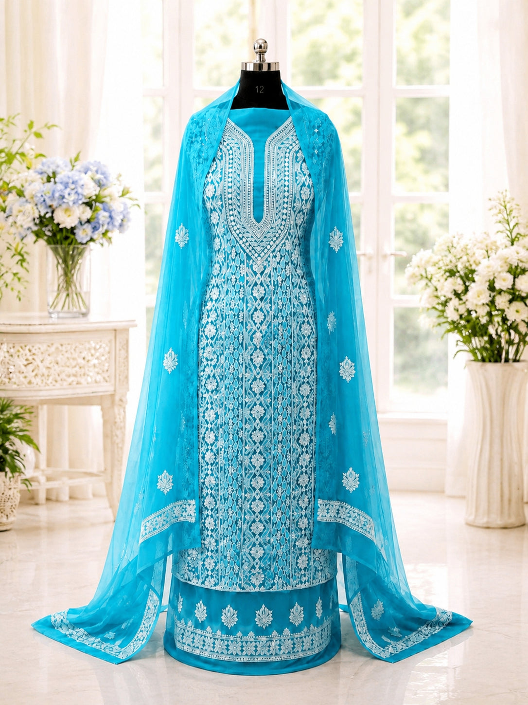 Karigiri Turquoise Blue Hand Embroidered Georgette 3-Piece Dress Material_AFG005