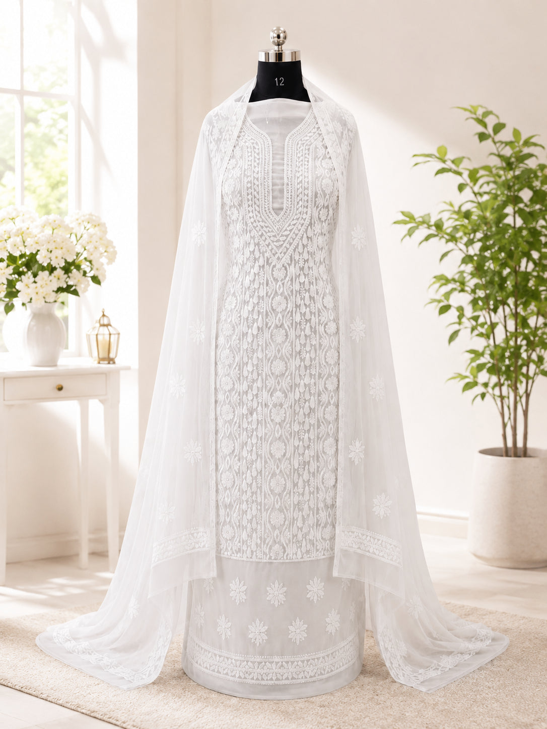 Karigiri White Hand Embroidered Georgette Chikankari 3-Piece Dress Material_AFG002