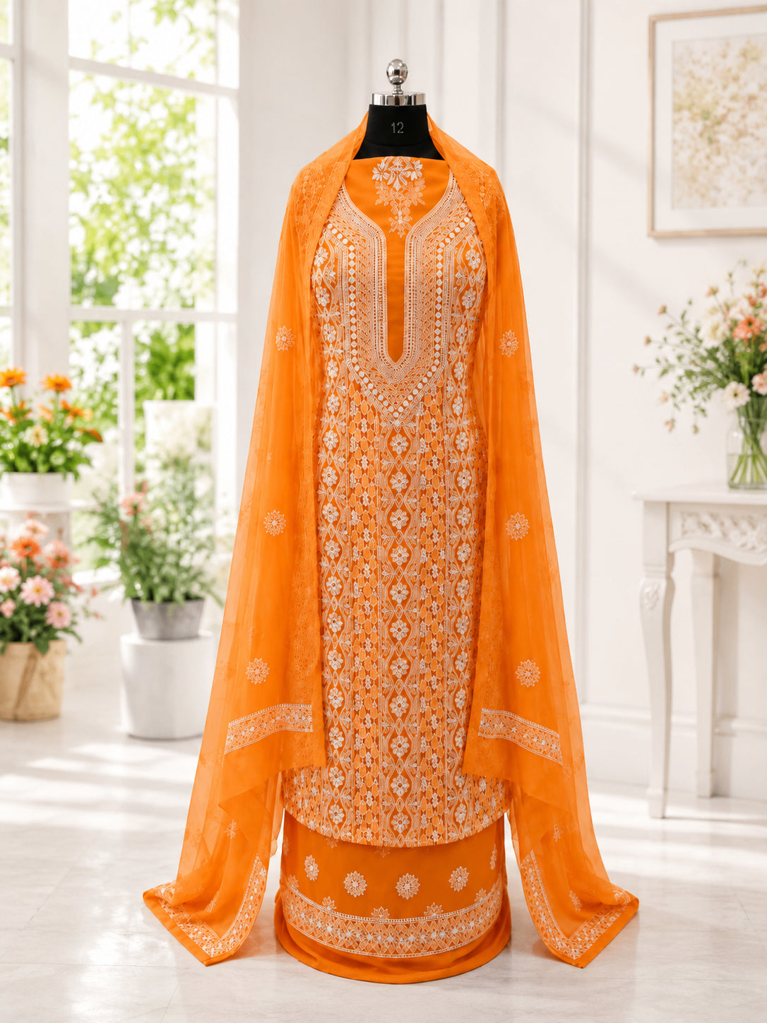 Karigiri Tangerine Orange Hand Embroidered Georgette Unstitched 3-Piece Dress Material_AFG007