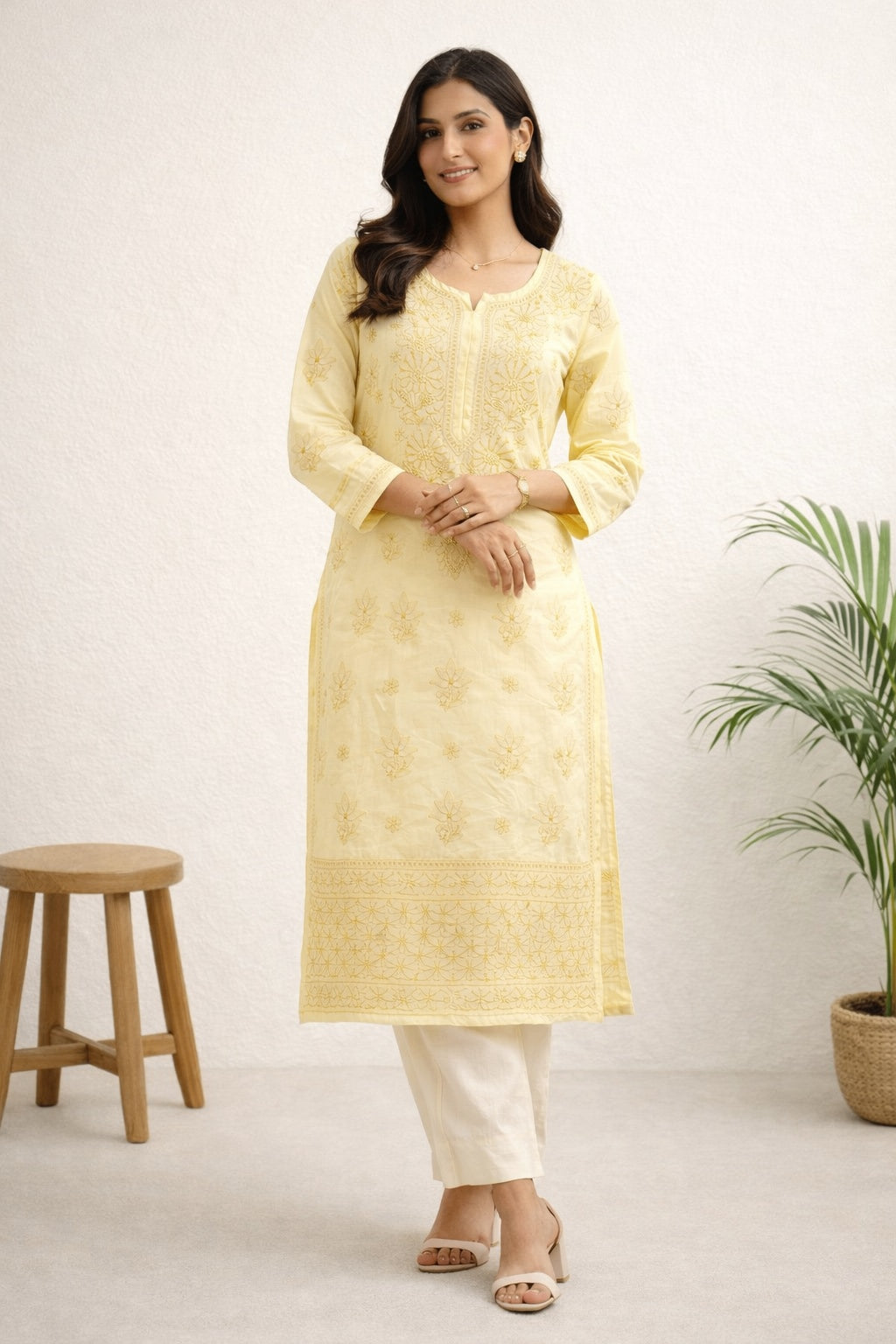 Karigiri Soft Yellow Chikankari Cotton Kurti_KF0094