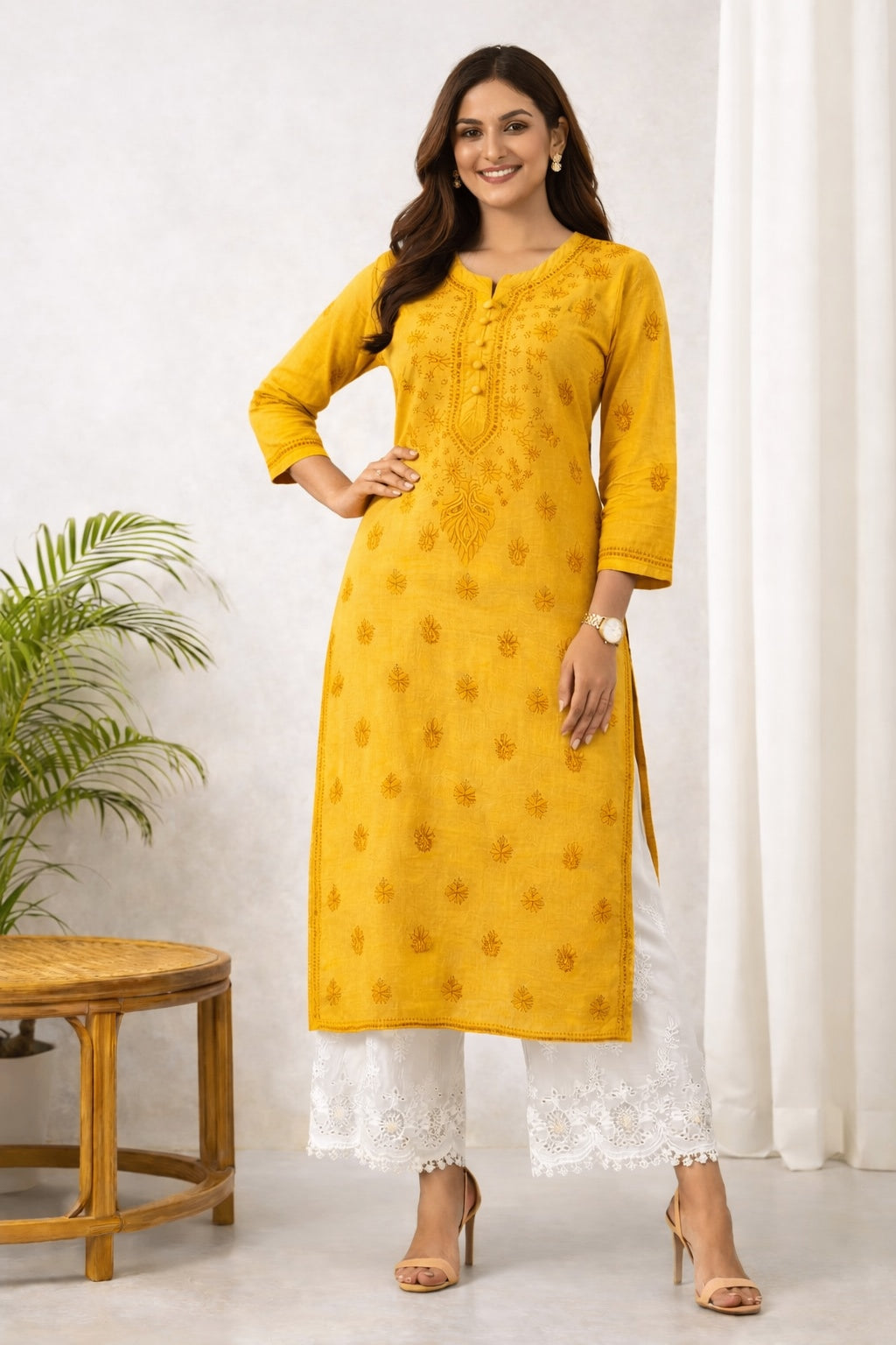 Karigiri Mustard Yellow Chikankari Cotton Kurti_KF0081