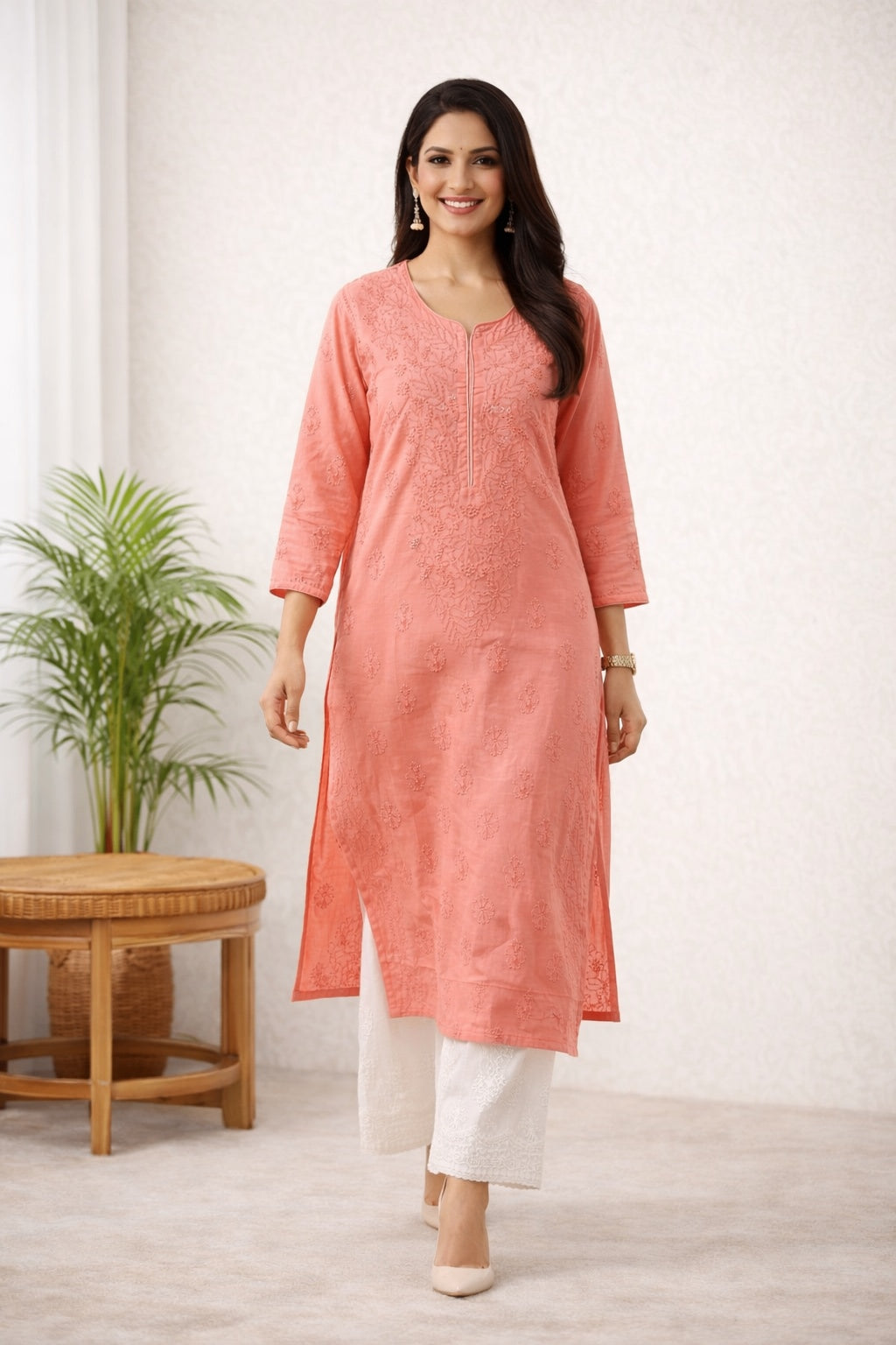 Karigiri Peach Chikankari Rayon Cotton Kurti Women_KF0097