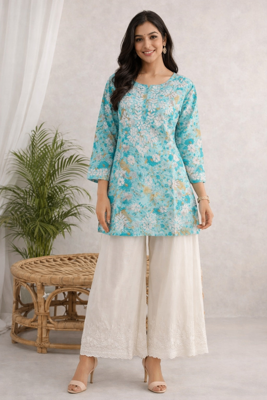 Karigiri Turquoise Blue Chikankari Printed Cotton Short Kurti_KF0187