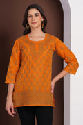 Karigiri Mustard Yellow Chikankari Hand Embroidered Pure Cotton Short Kurti, 3/4 Sleeve, Ethnic Casual Wear