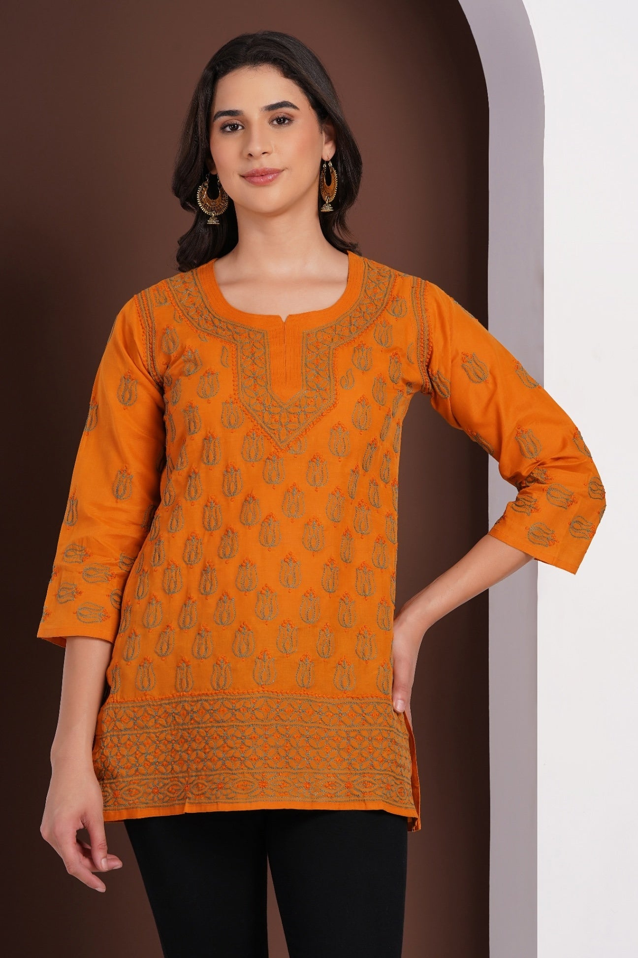 Karigiri Mustard Yellow Chikankari Hand Embroidered Pure Cotton Short Kurti, 3/4 Sleeve, Ethnic Casual Wear