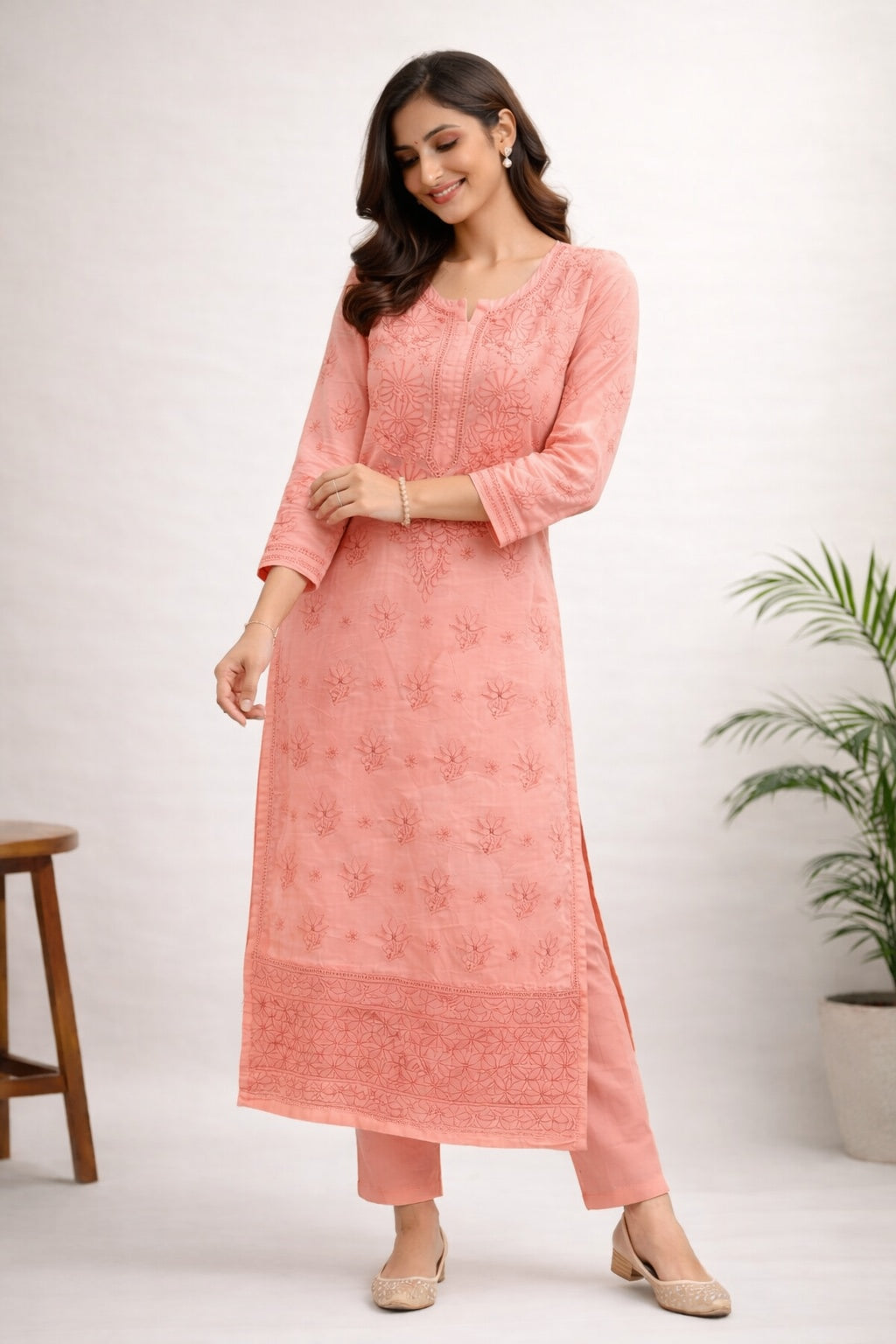 Karigiri Peach Chikankari Cotton Kurti for Women_KF0093