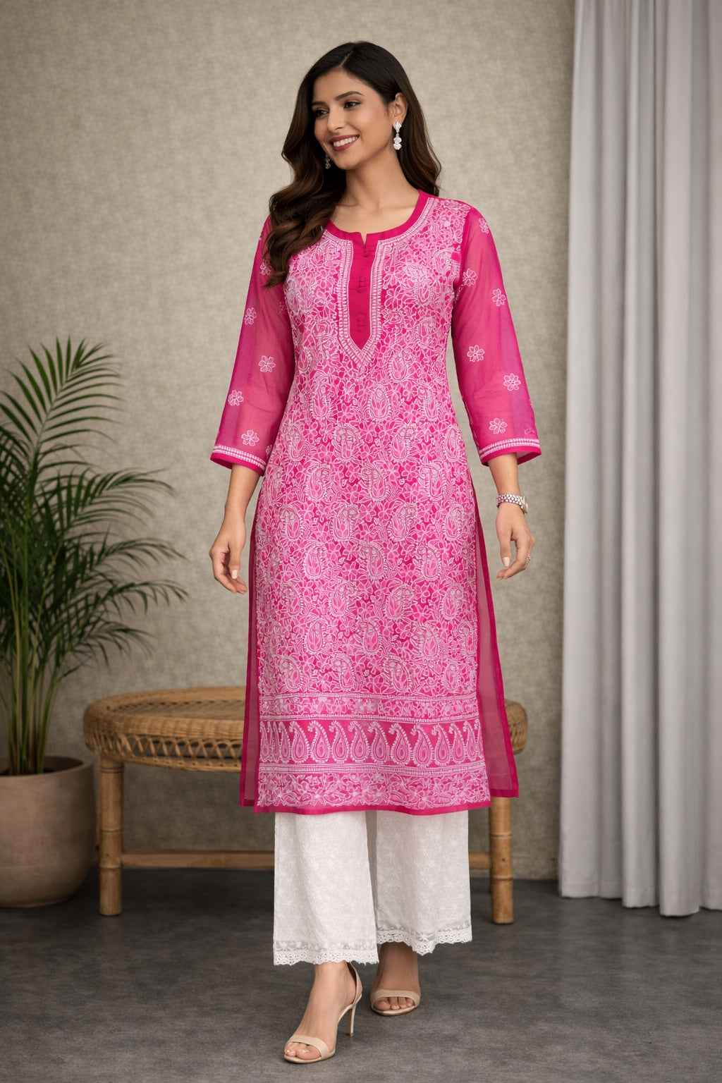 Karigiri Rani Pink Chikankari Georgette Kurti_KF0068