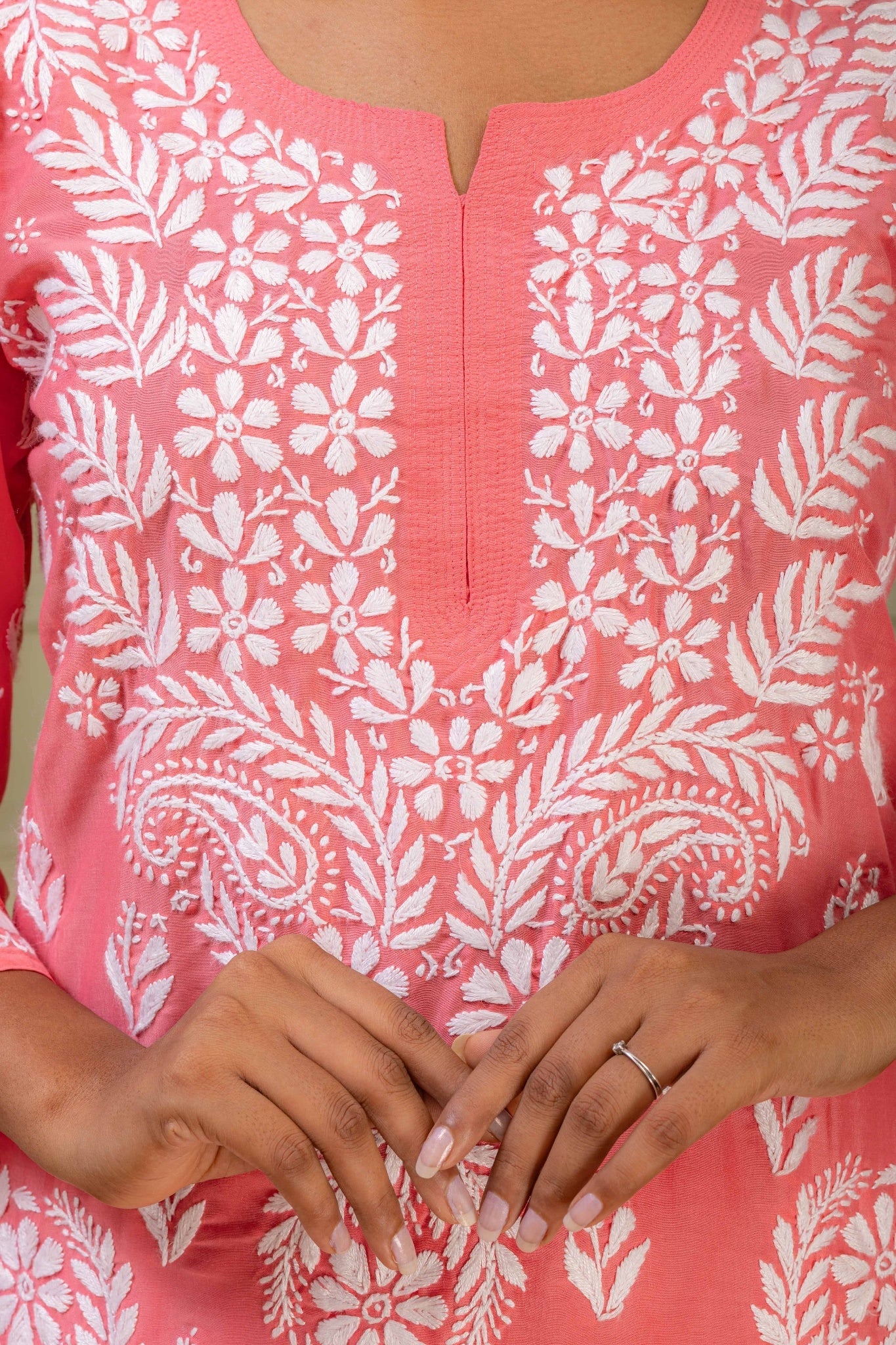 Karigiri Coral Pink Chikankari Hand Embroidered Muslin Kurti Set with White Floral Motifs, 3/4 Sleeves