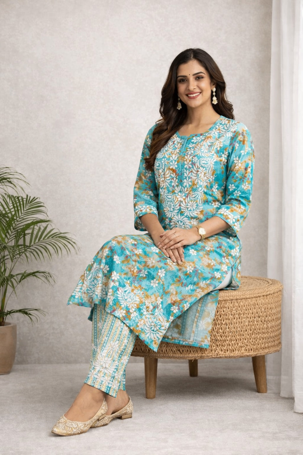 Karigiri Turquoise Blue Chikankari Printed Cotton Kurti Set_KF0192