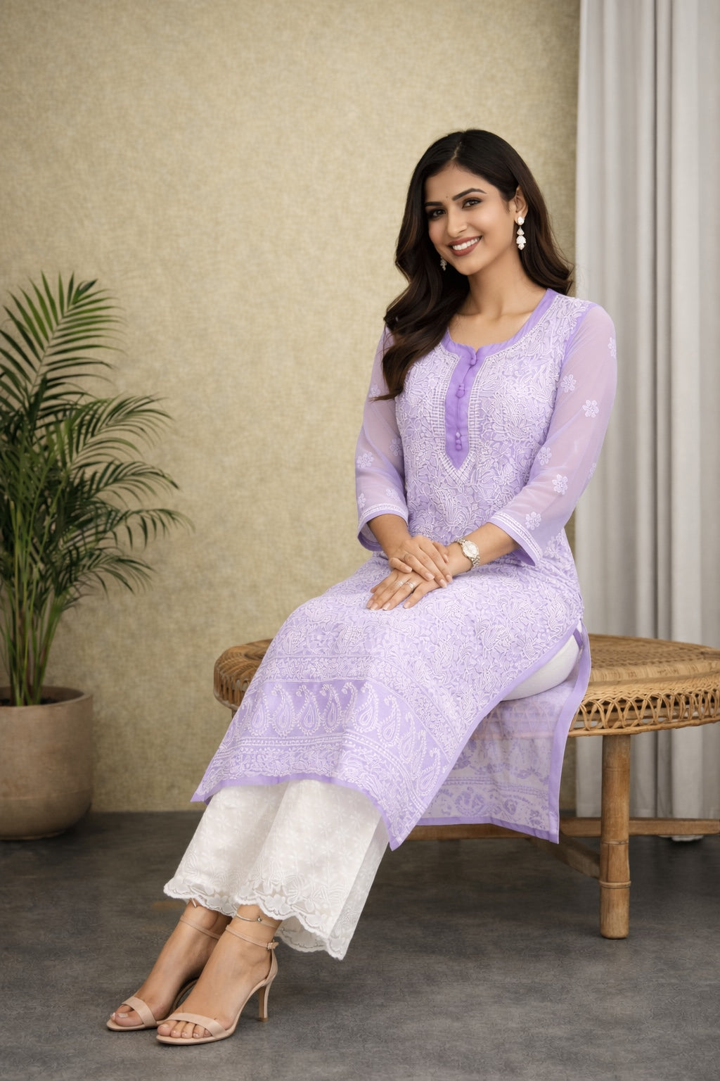 Karigiri Lavender Chikankari Front Allover work Georgette Kurti Women_KF0109