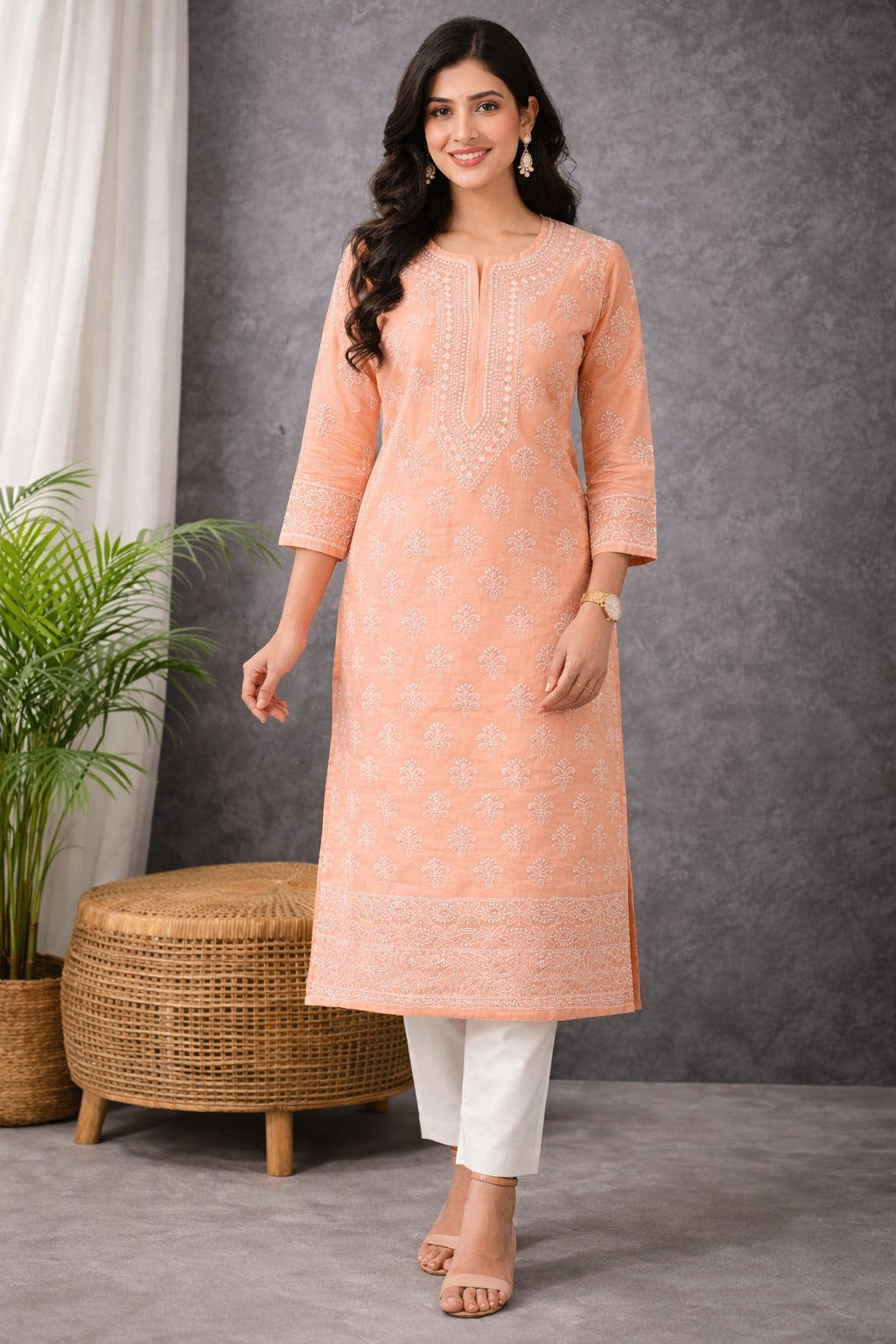 Karigiri Women’s Pure Soft Cotton Kurti, Peach with Lucknowi Chikankari Embroidery, Straight Fit, Round Neck, 3/4 Sleeves