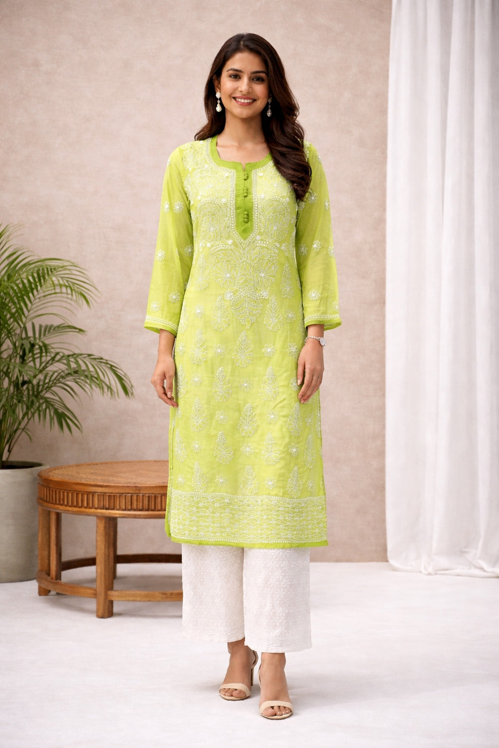 Karigiri Lime Green Chikankari Georgette Kurti_KF0117