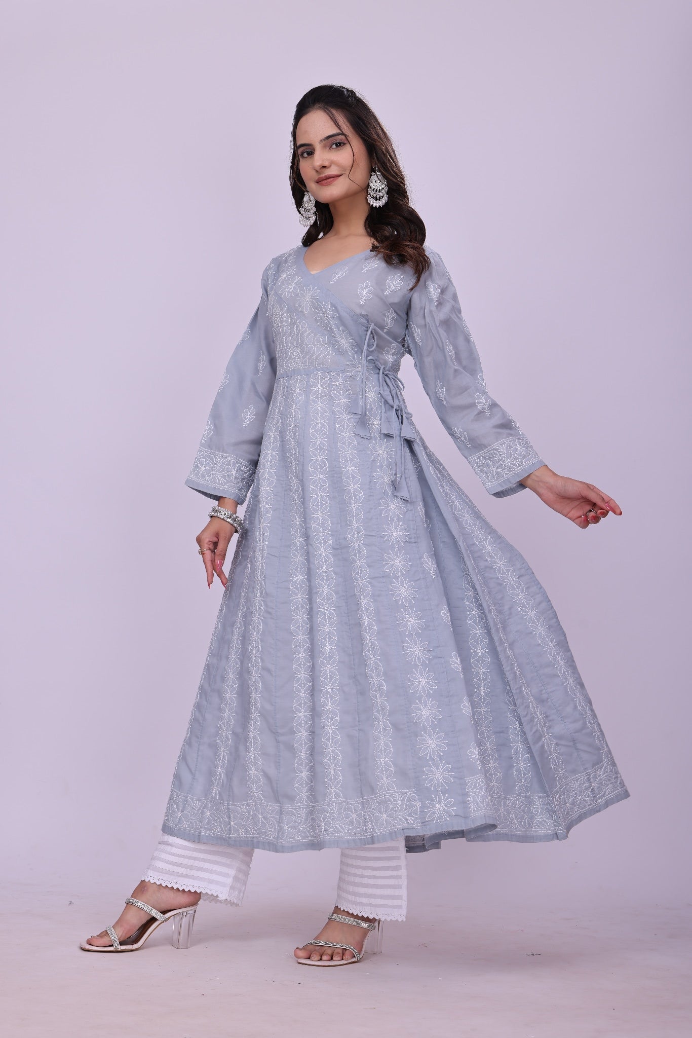 Karigiri Light Grey Embroidered Angrakha Kurta_KF0115