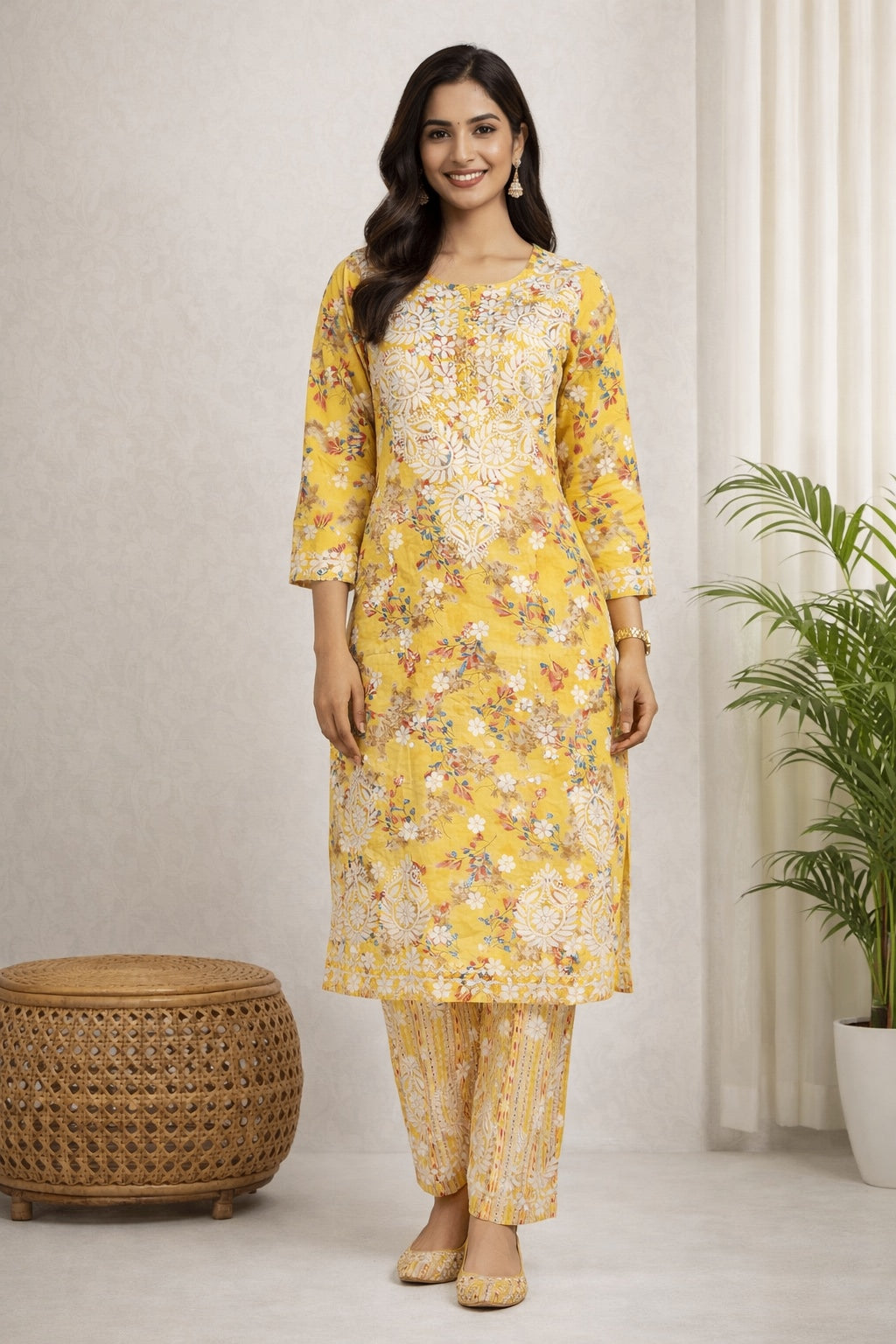 Karigiri Yellow Chikankari Printed Cotton Kurti Set_KF0185