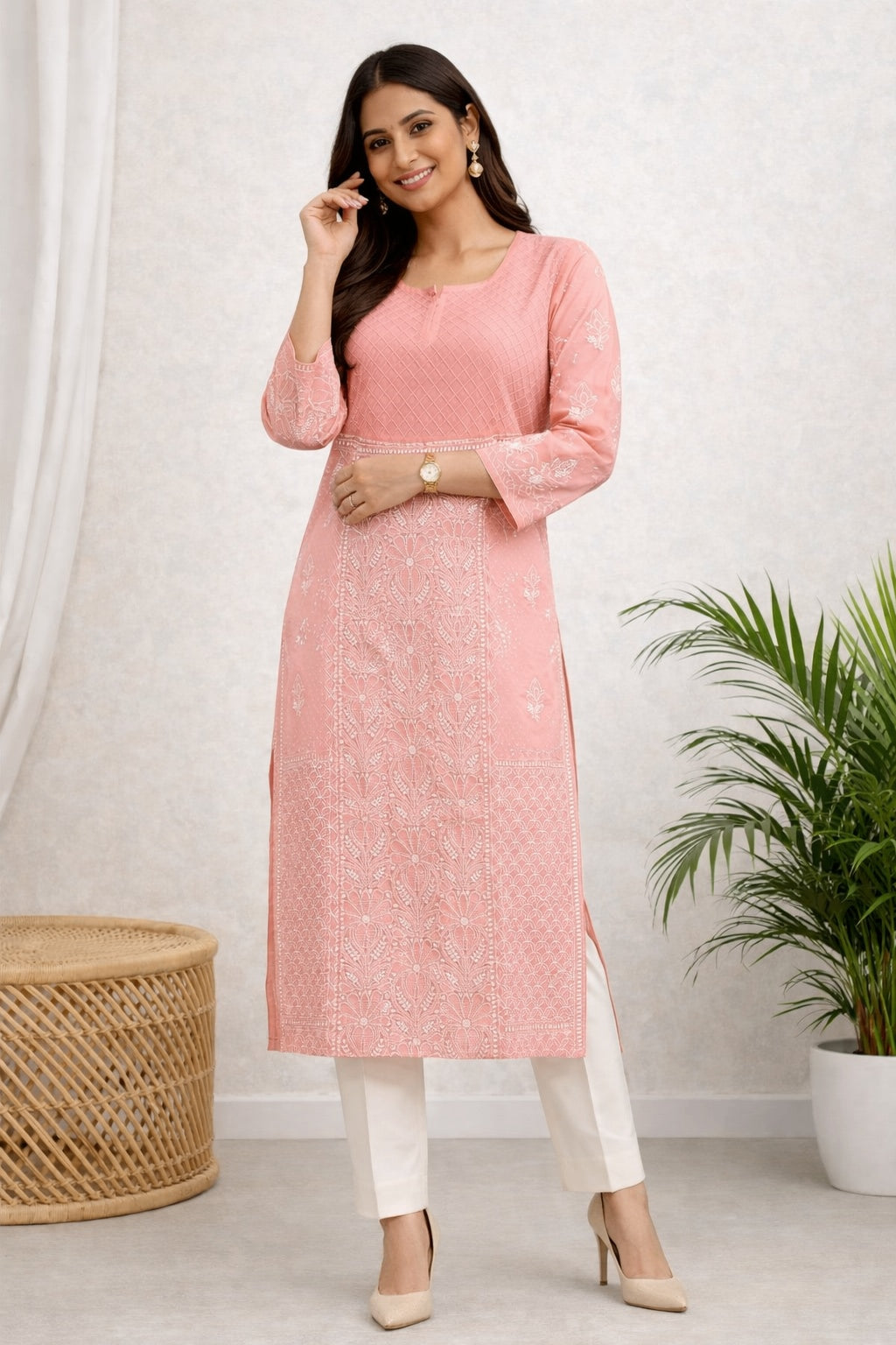Karigiri Peach Lucknowi Chikankari Cotton Kurti_KF0049