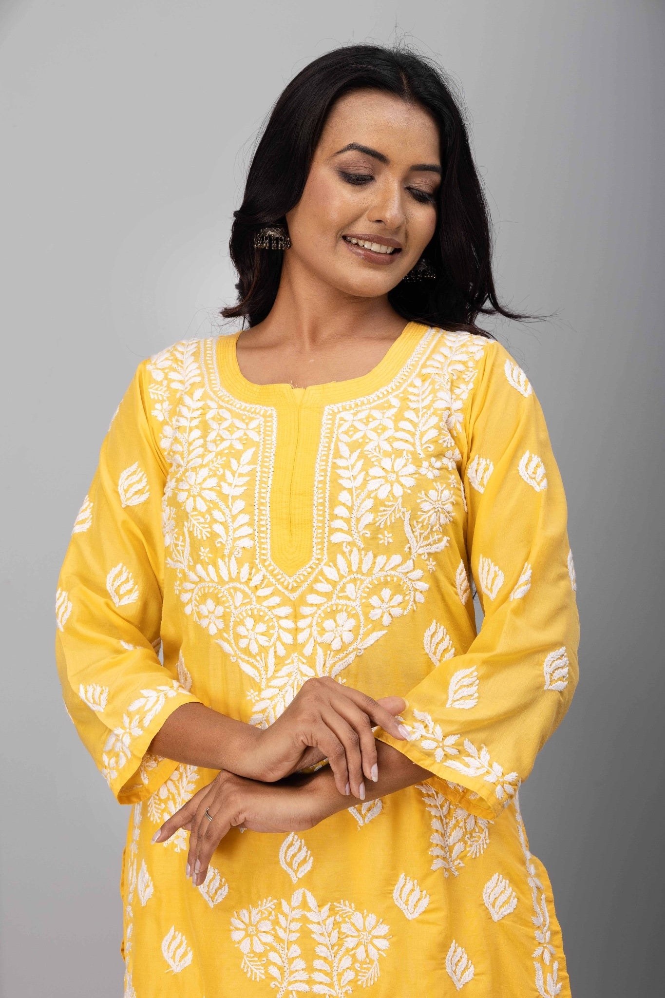 Karigiri Yellow Chikankari Hand Embroidered Muslin Kurti Set with White Floral Motifs, 3/4 Sleeves