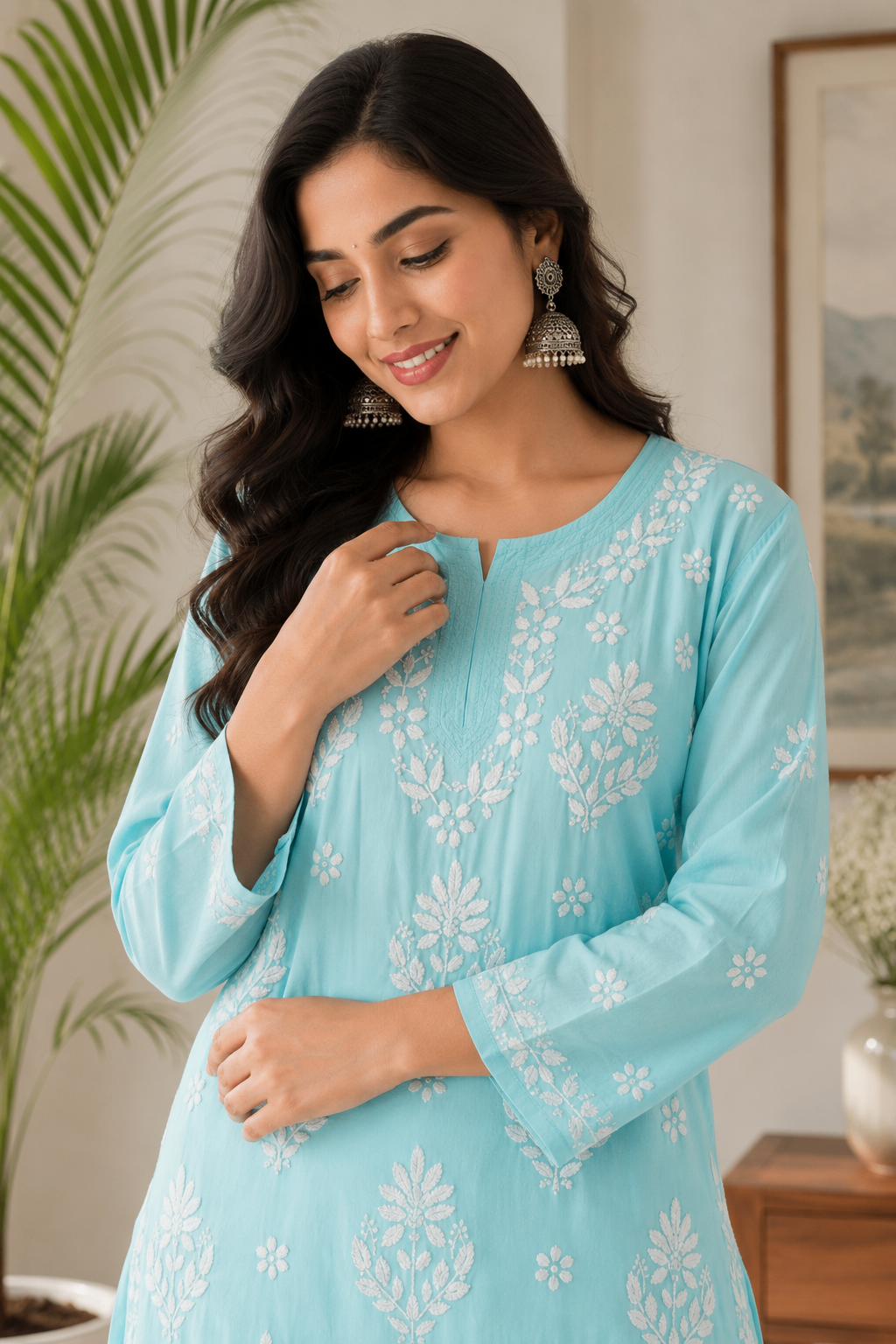 Karigiri Powder Blue Chikankari Cotton Kurti_KF0159