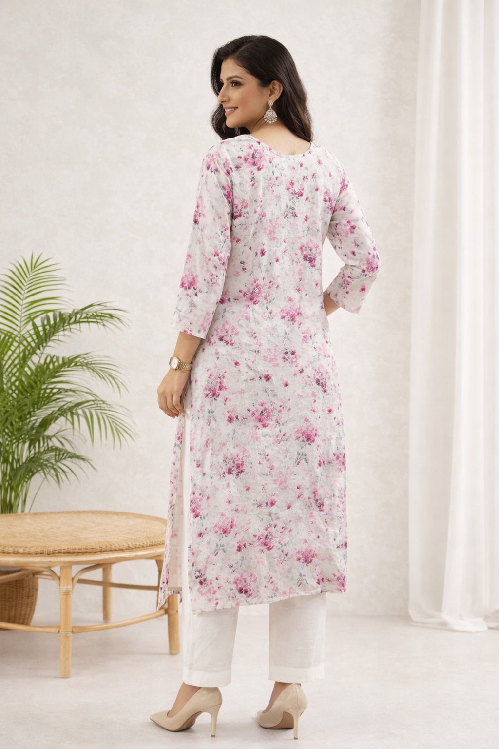 Karigiri Off-White Pink Floral Printed Cotton Chikankari Kurta_KF0216