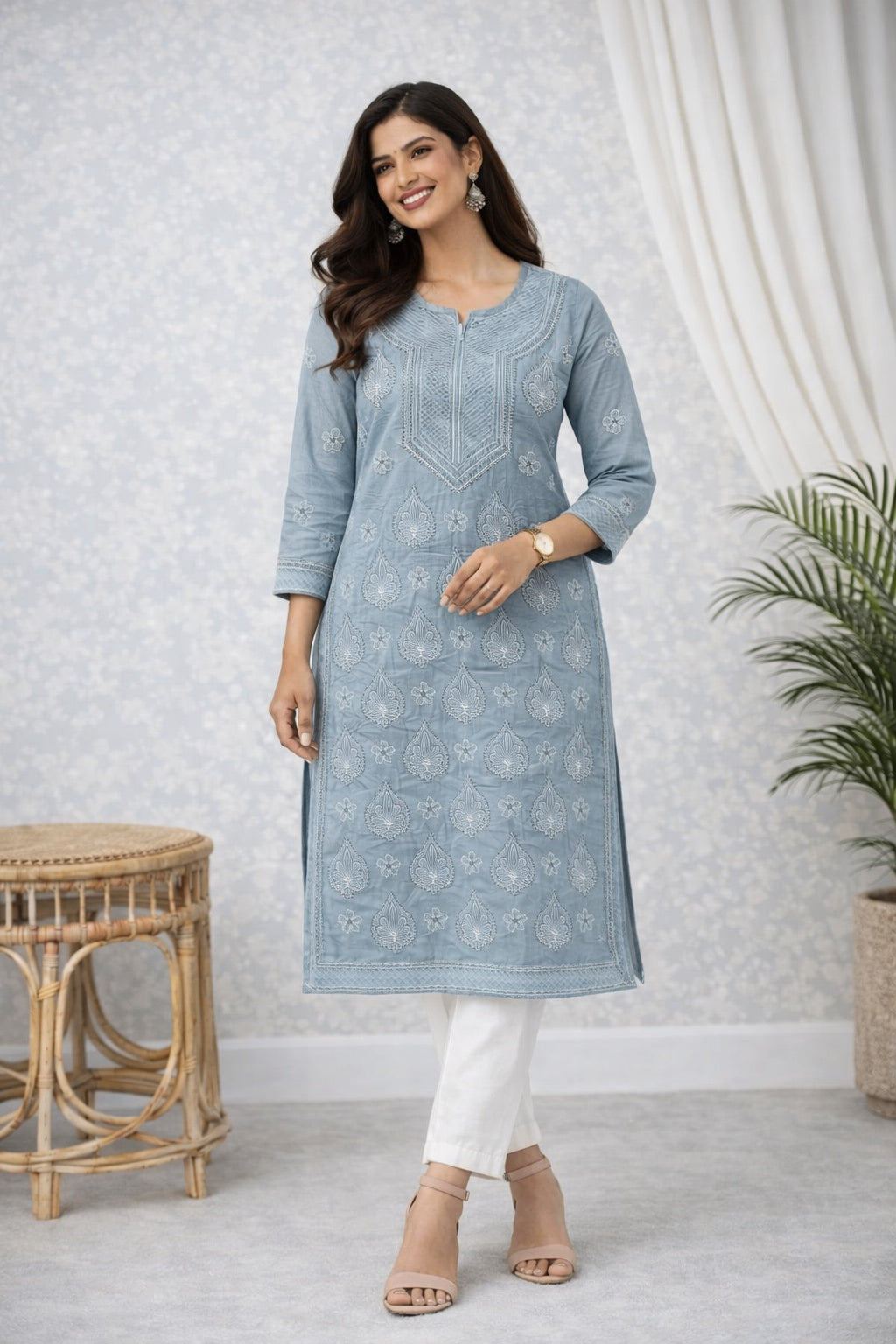 Karigiri Grey Chikankari Cotton Kurti Floral_KF0088