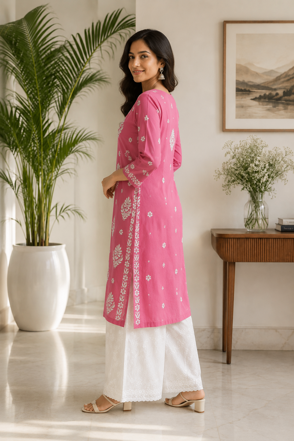 Karigiri Rose Pink Chikankari Mulmul Cotton Kurti_KF0169