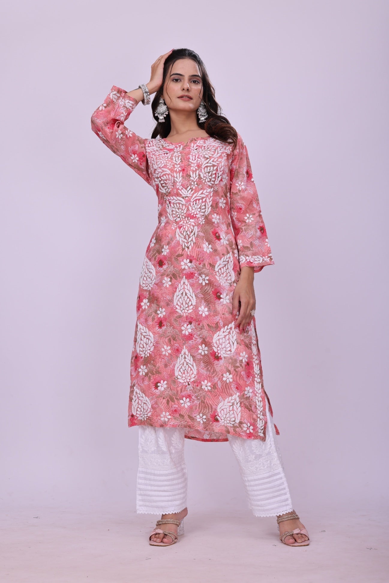 Karigiri Coral Pink Chikankari Printed Cotton Kurti_KF0028