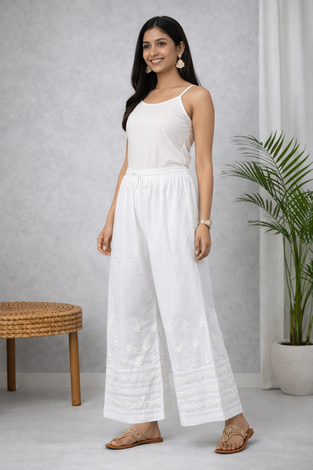 Karigiri White Chikankari Cotton Palazzo Pants_KF0197
