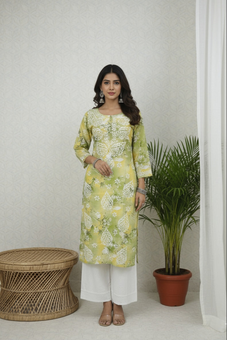 Karigiri Lime Green Lucknowi Chikankari Printed Cotton Kurta_KF0219