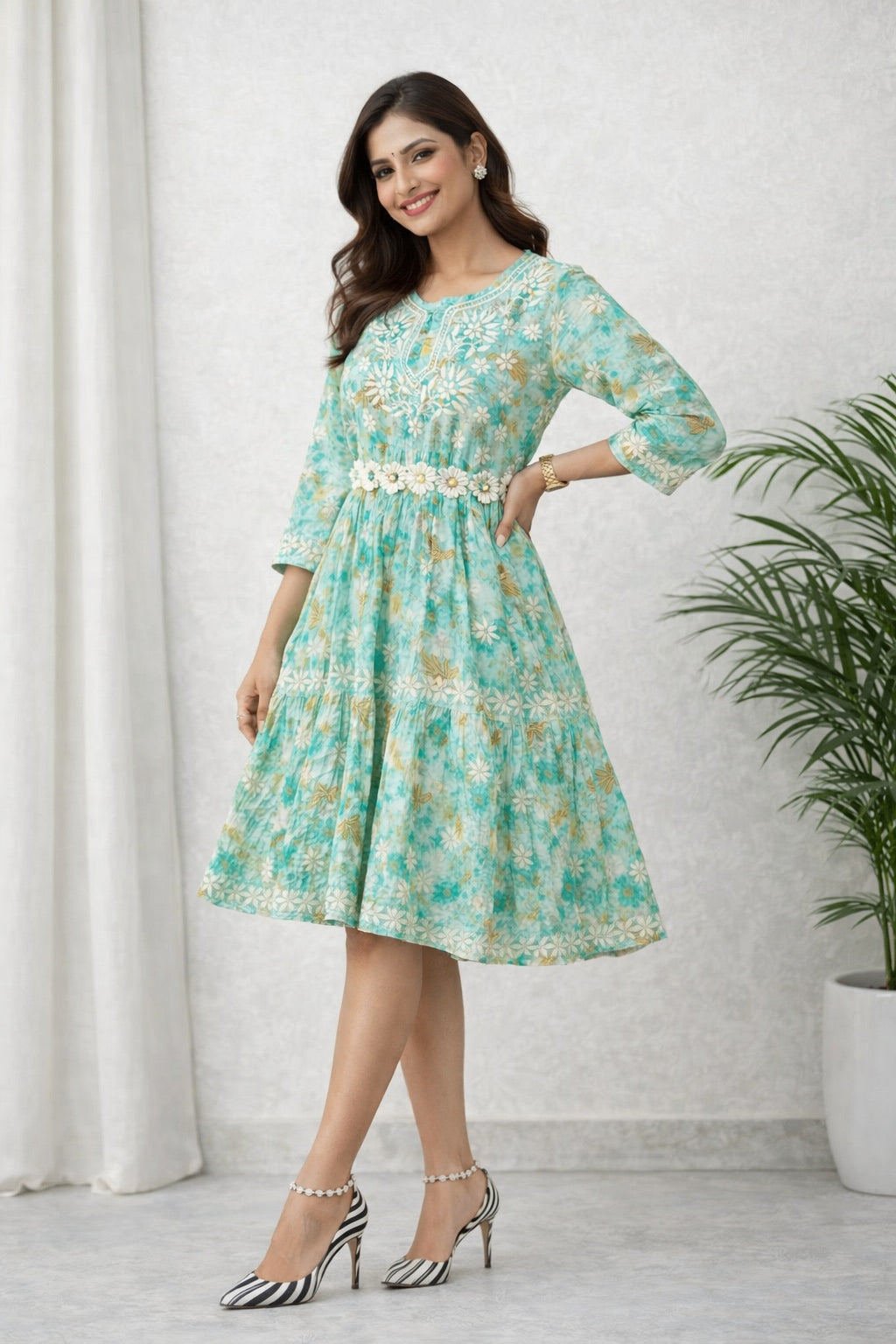 Karigiri Turquoise Blue Floral Printed Cotton Chikankari Frock Kurta_KF0160