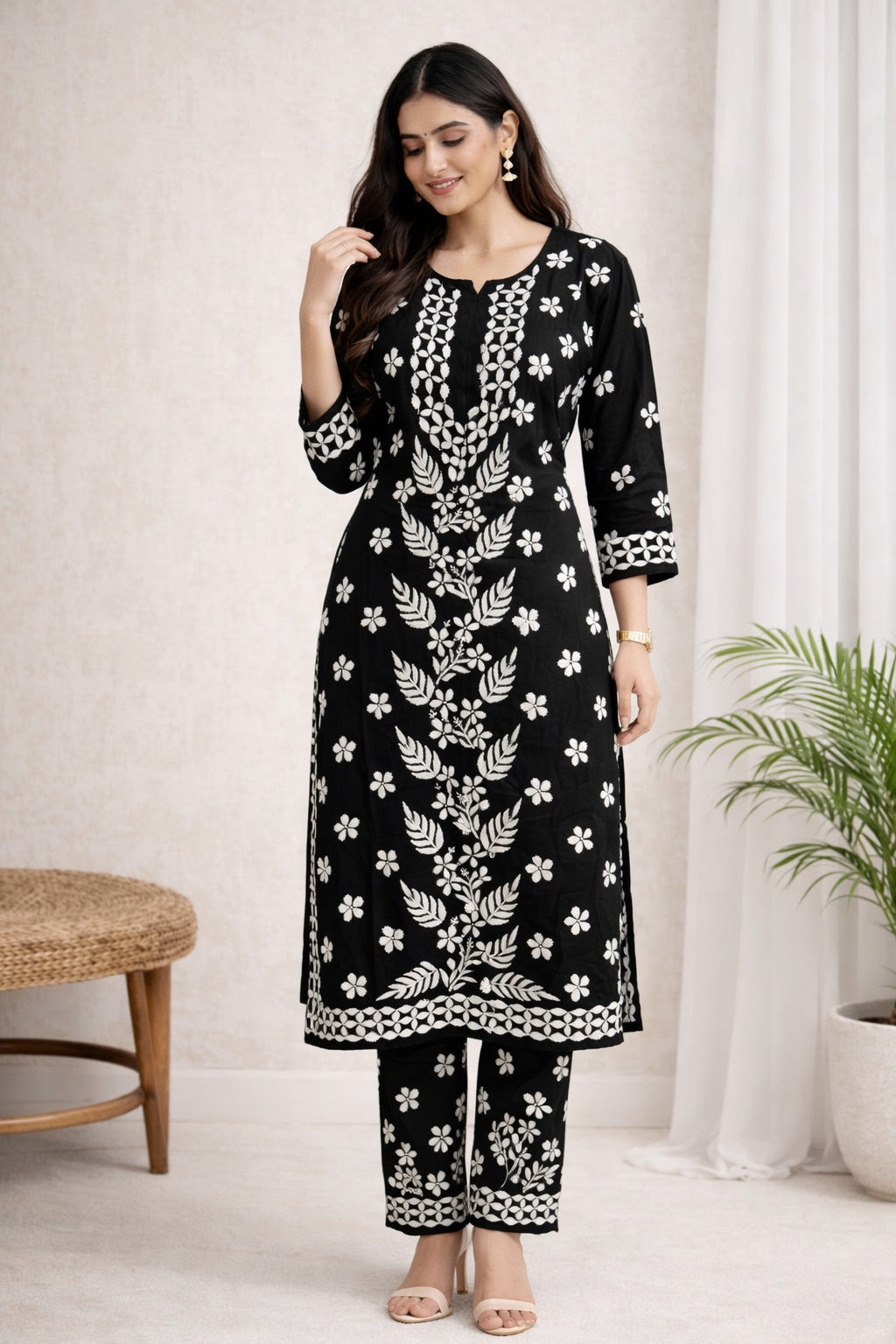 Karigiri Black White Chikankari Cotton Kurti Set_KF0008