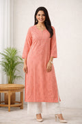 Karigiri Peach Chikankari Rayon Cotton Kurti Women_KF0097