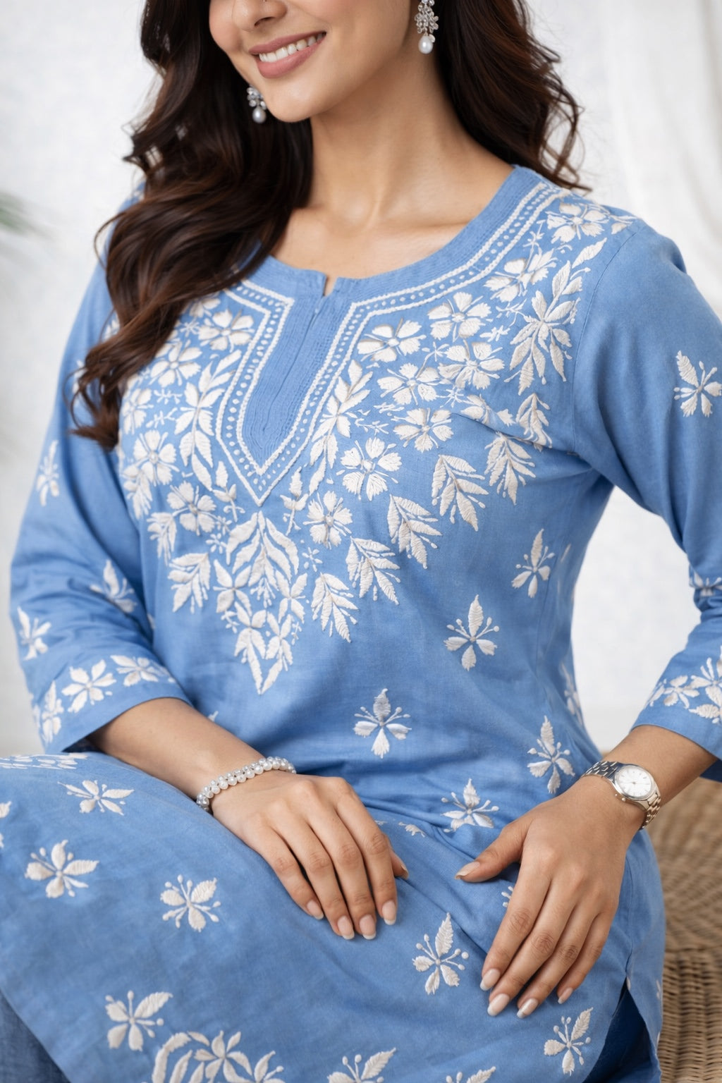 Karigiri Blue Chikankari Rayon Short Kurti Women_KF0017