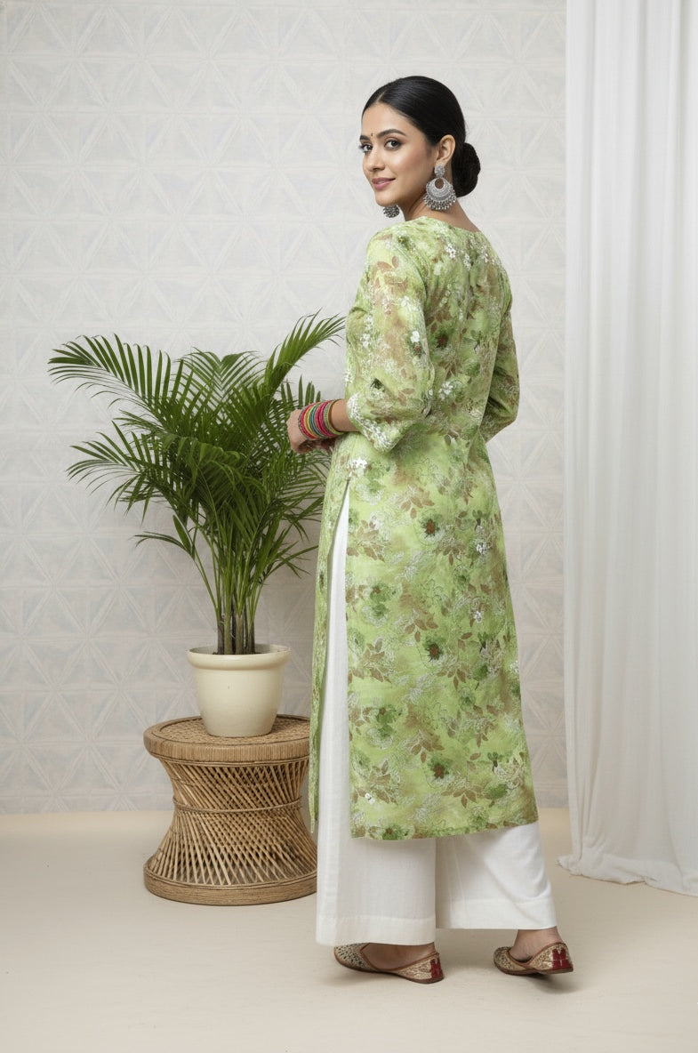 Karigiri Green Floral Lucknowi Chikankari Printed Cotton Kurta_KF0217