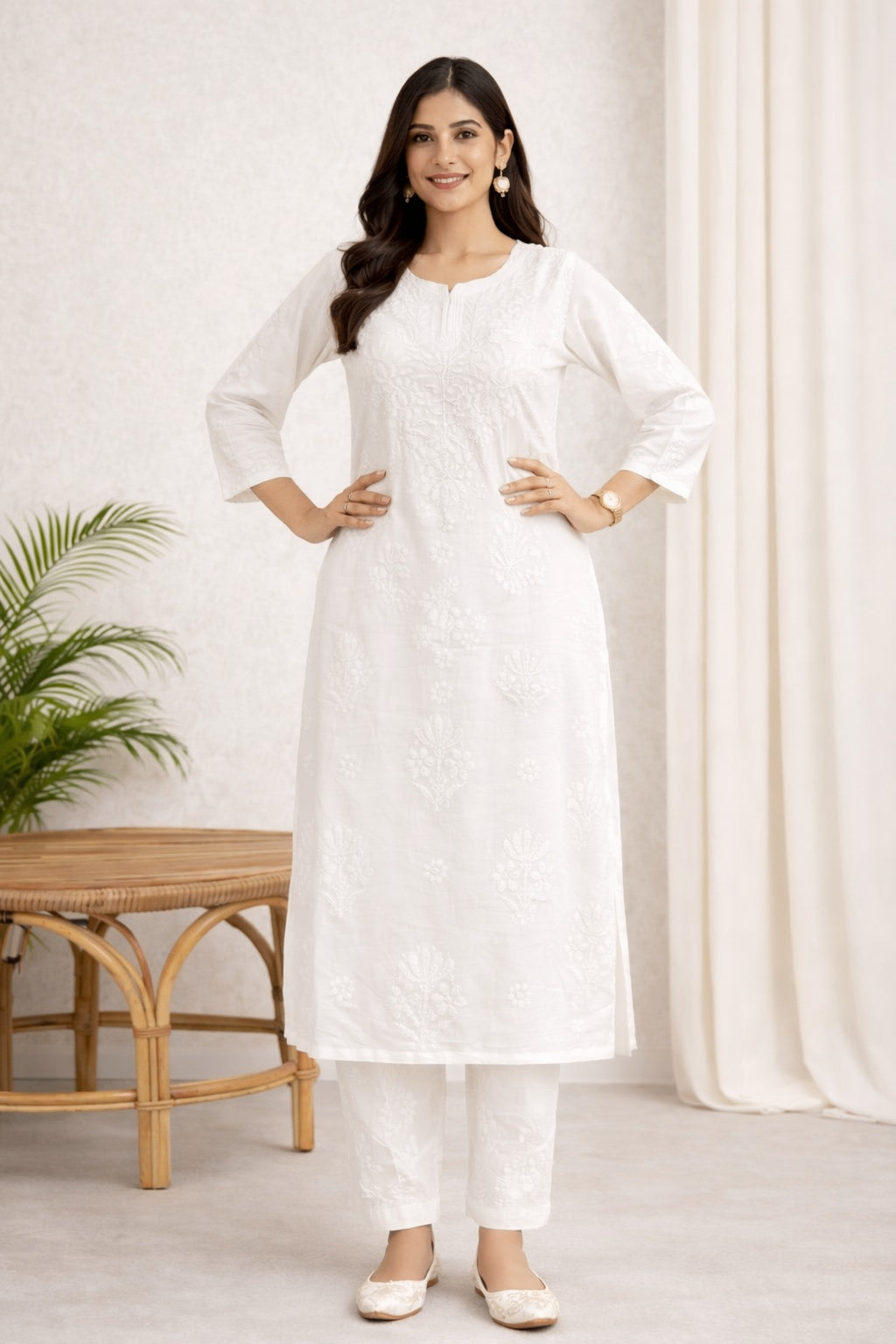 Karigiri White Floral Chikankari Cotton Kurti Set_KF0026