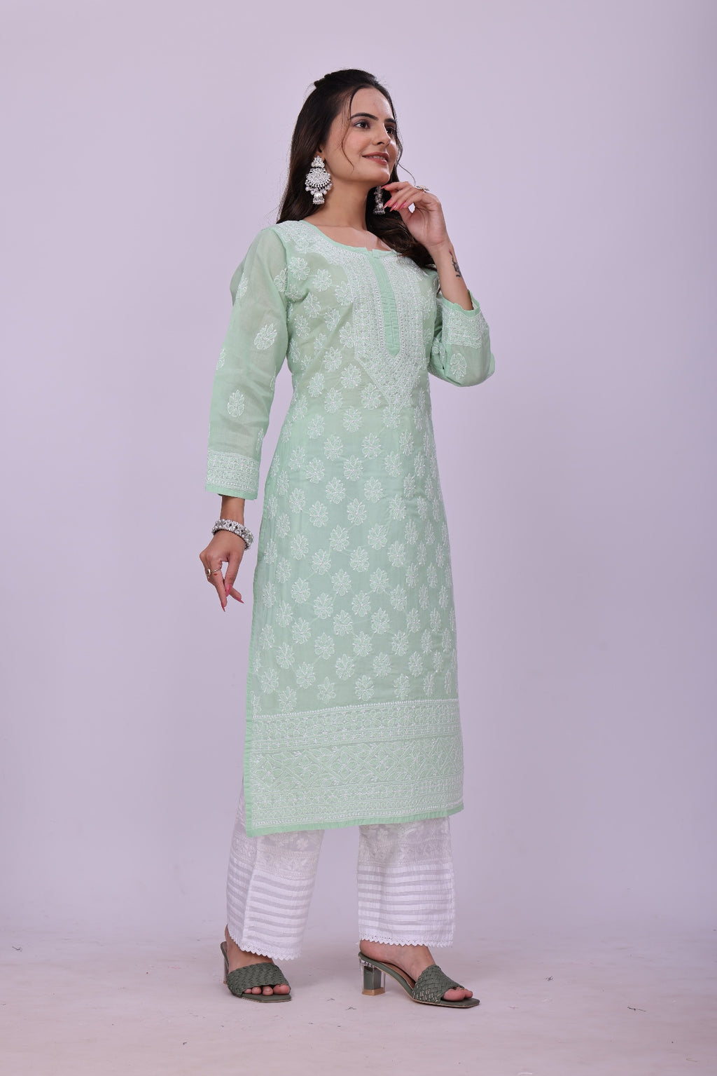 Karigiri Women's Pure Soft Cotton Kurti, Sea Green with Lucknowi Chikankari Embroidery, Straight Fit, Round Neck, 3/4 Sleeves