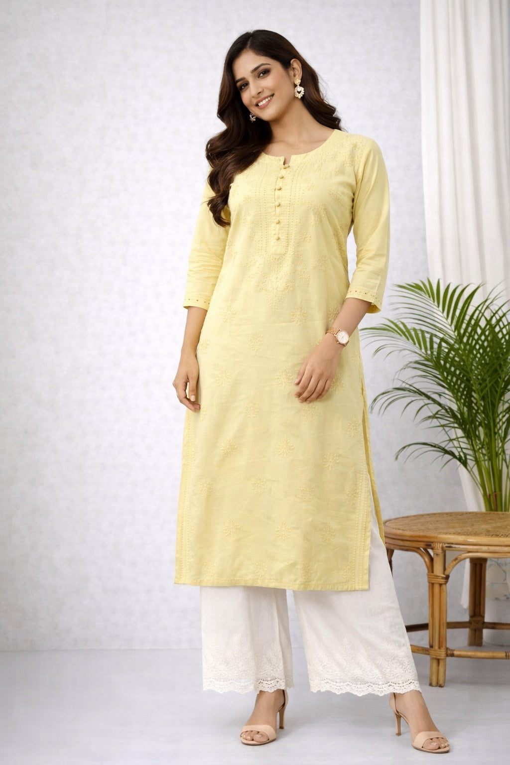 Karigiri Pastel Yellow Chikankari Cotton Kurti_KF0103