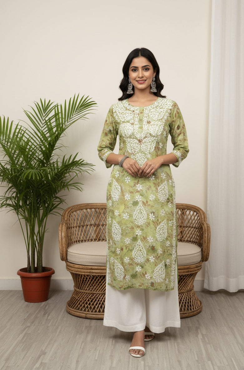 Karigiri Green Floral Lucknowi Chikankari Printed Cotton Kurta_KF0217