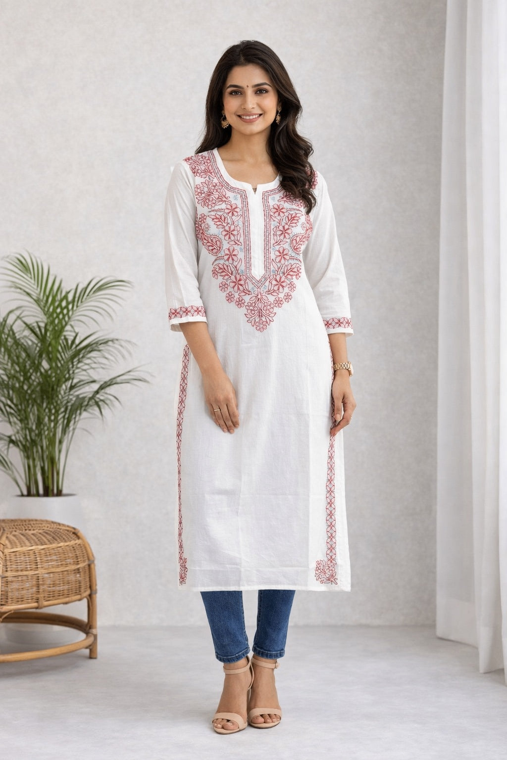 Karigiri White Chikankari Cotton Kurti Red thread Floral_KF0137