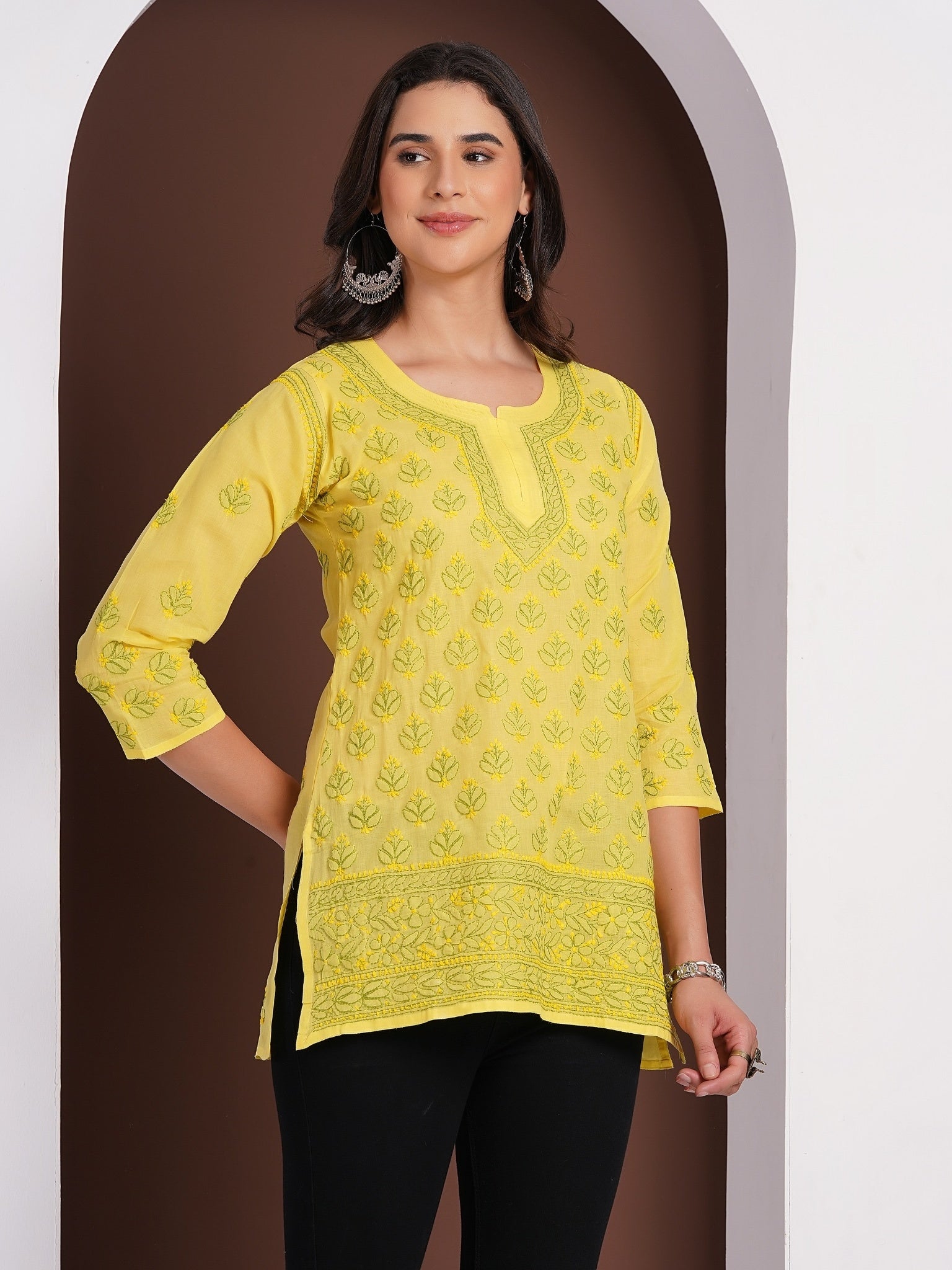 Karigiri Yellow Chikankari Hand Embroidered Pure Cotton Straight Hip Length Short Kurti, 3/4 Sleeve, Ethnic Wear for Women