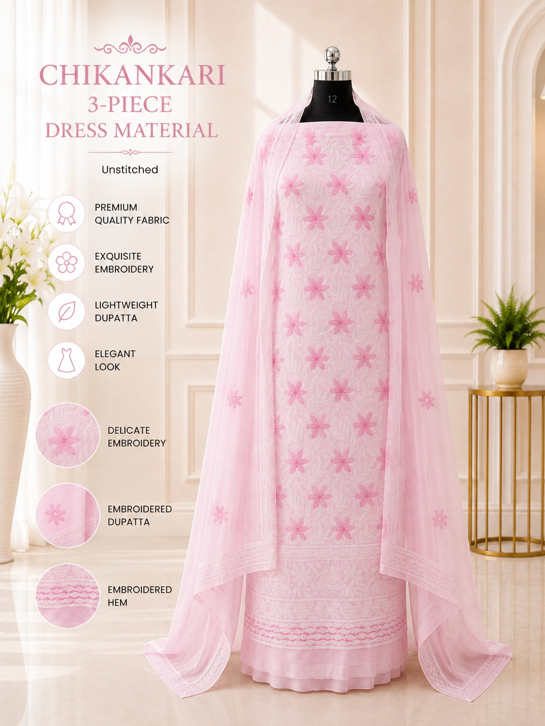 Karigiri Baby Pink Chikankari Georgette 3-Piece Dress Material