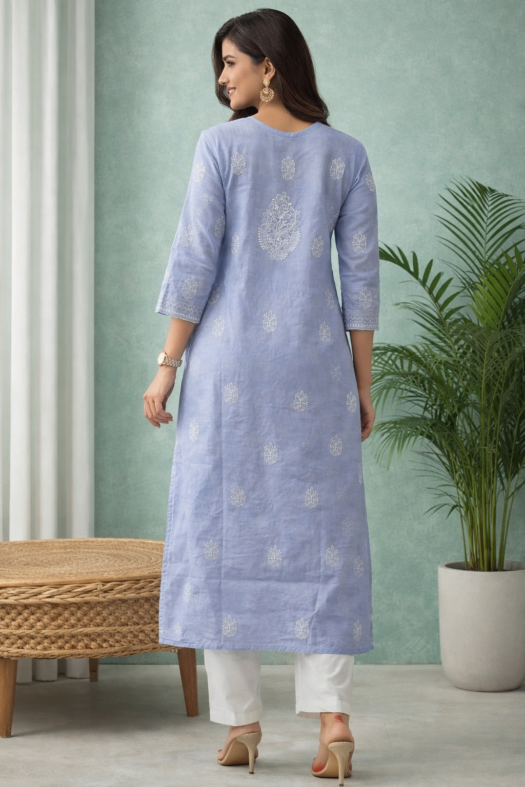 Karigiri Women’s Pure Soft Cotton Kurti, Lavender Blue with Lucknowi Chikankari Embroidery, Straight Fit, Round Neck, 3/4 Sleeves