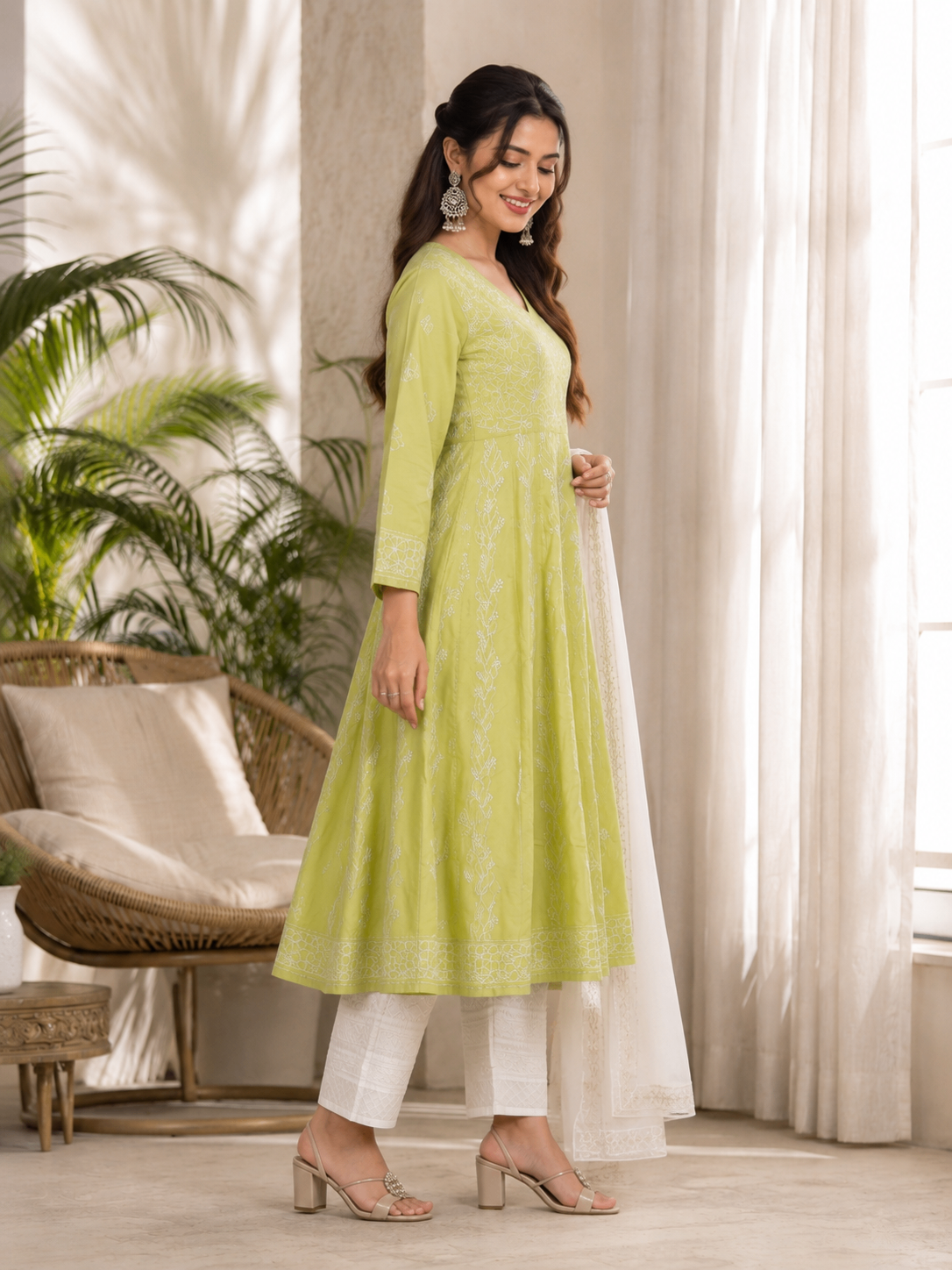 Karigiri Pistachio Green Hand Embroidered Chikankari Cotton Anarkali Kurti