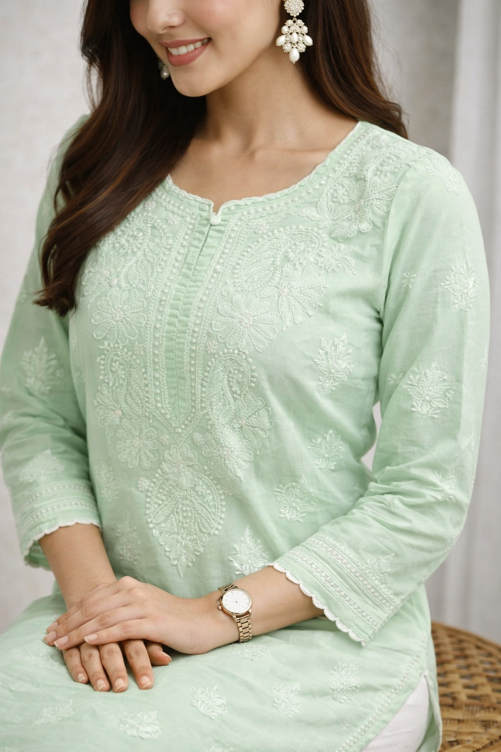 Karigiri Mint Green Chikankari Cotton Kurti_KF0054