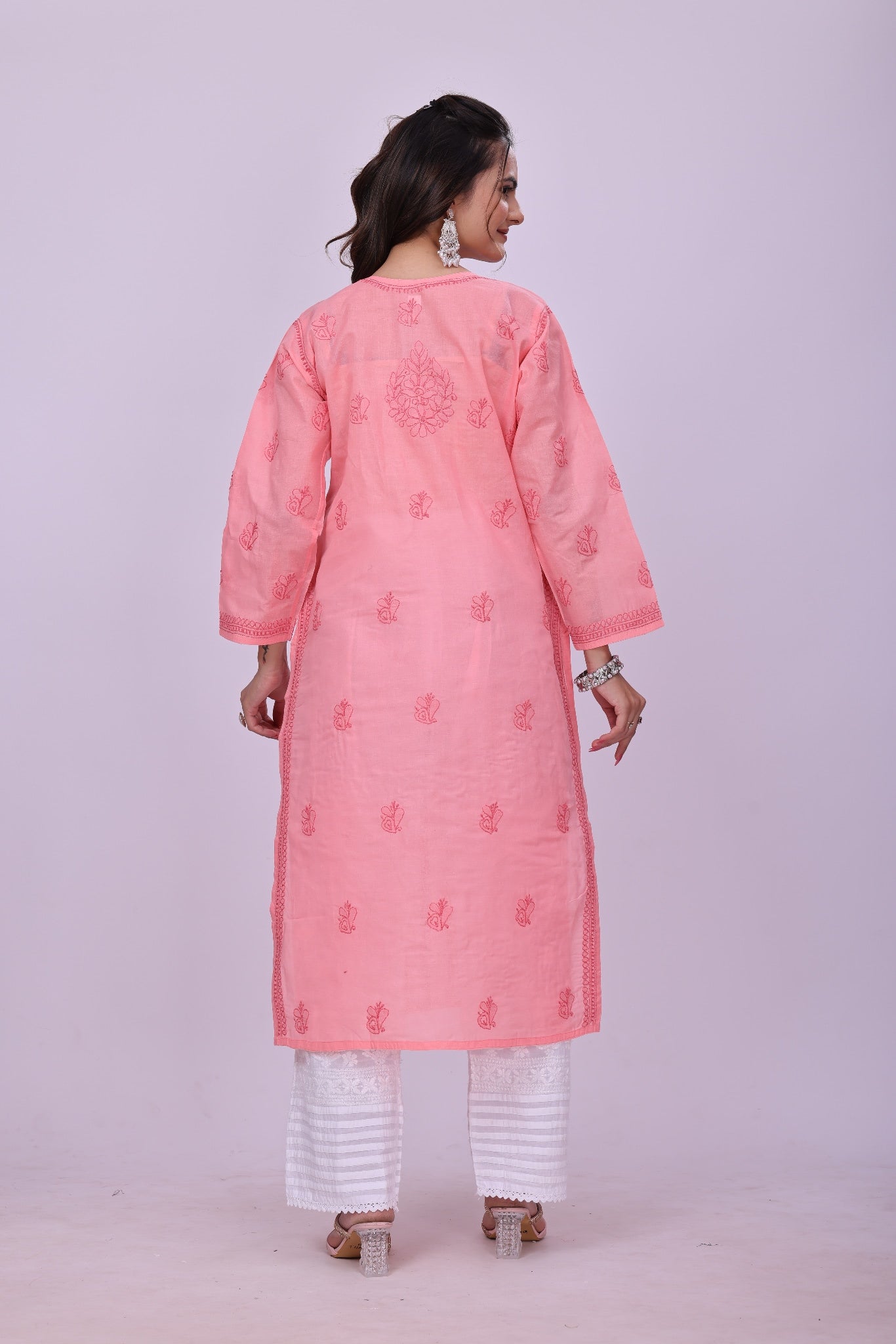 Karigiri Peach Pink Chikankari Cotton Kurti_KF0121