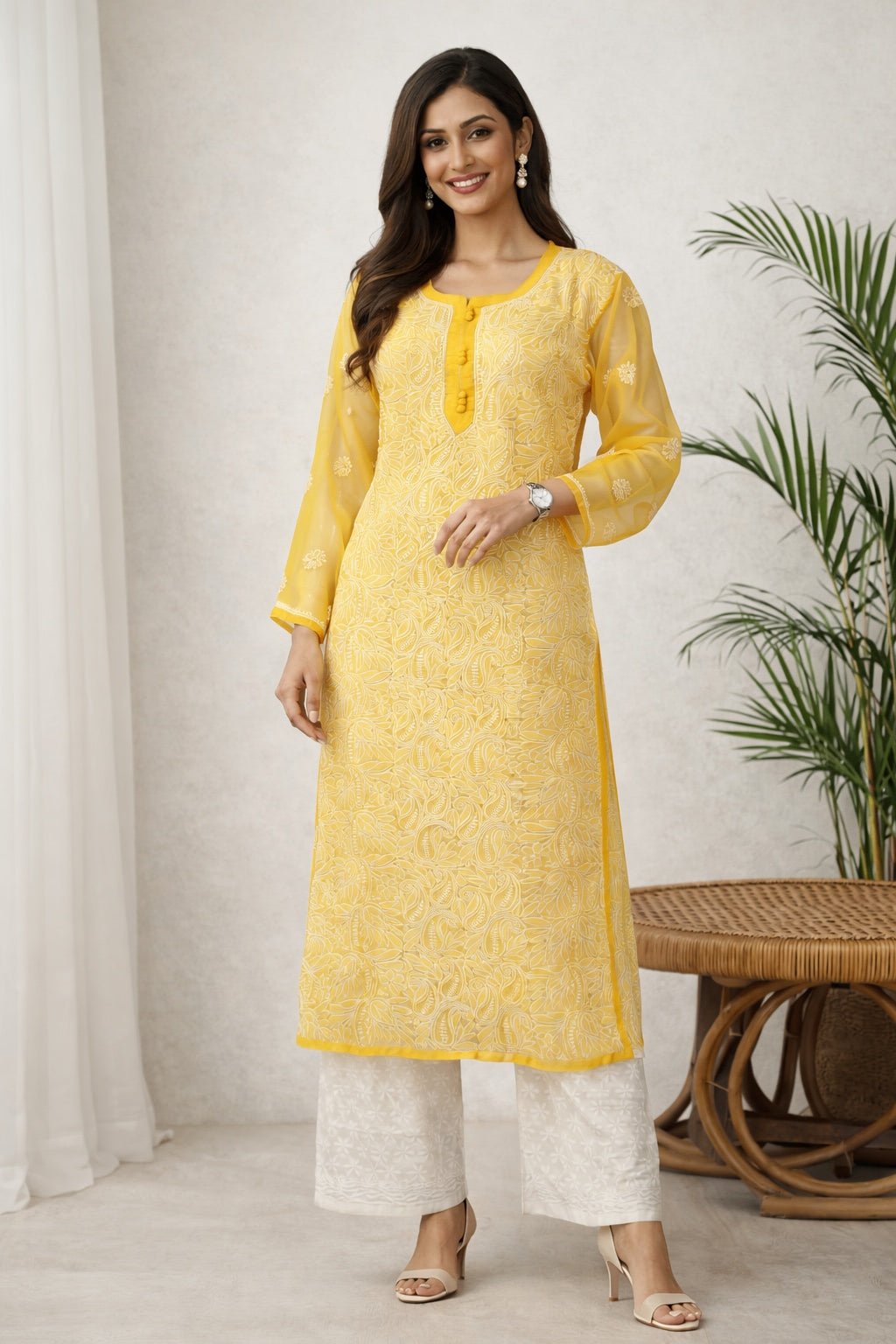 Karigiri Sunshine Yellow Chikankari Georgette Kurti_KF0067
