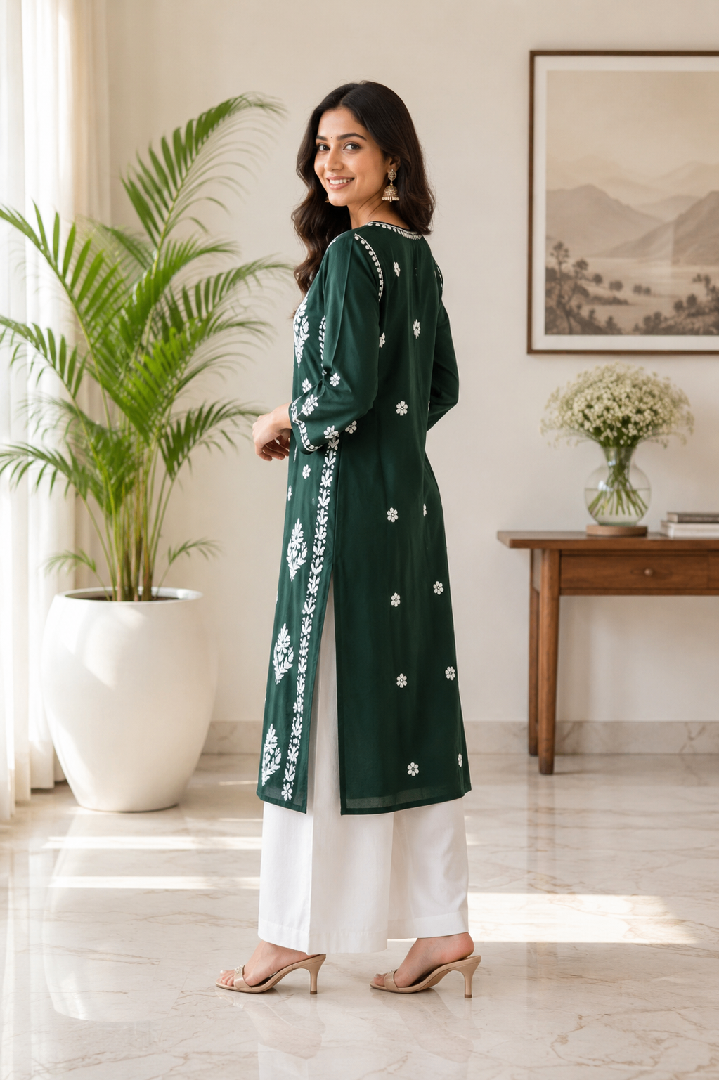 Karigiri Dark Green Chikankari Mulmul Cotton Kurti_KF0029