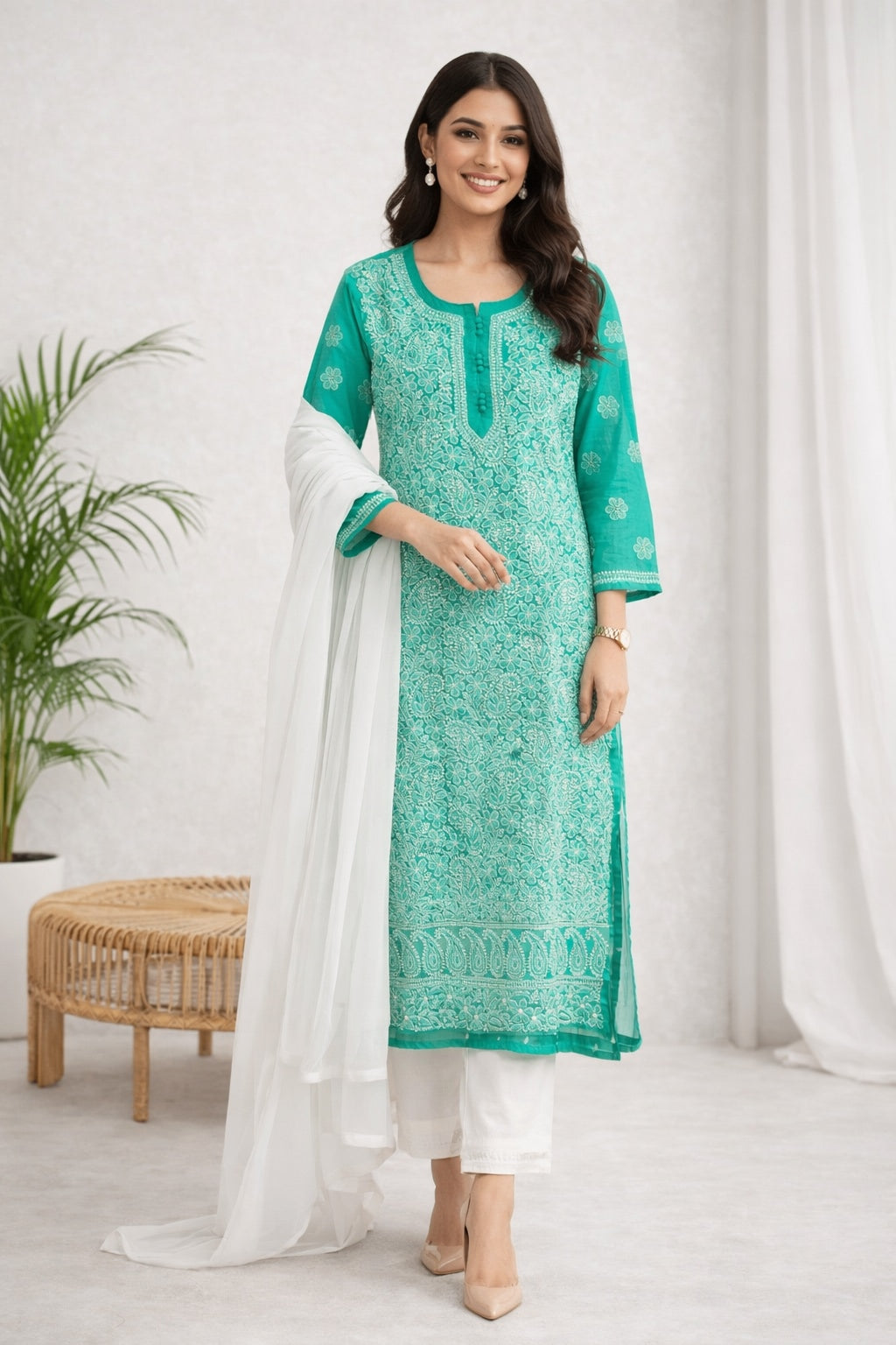 Karigiri Sea Green Chikankari Georgette Kurti Jaaldar work_KF0175