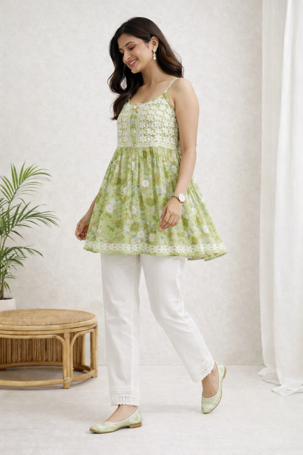 Karigiri Green Chikankari Printed Cotton Spaghetti Short Kurti_KF0118